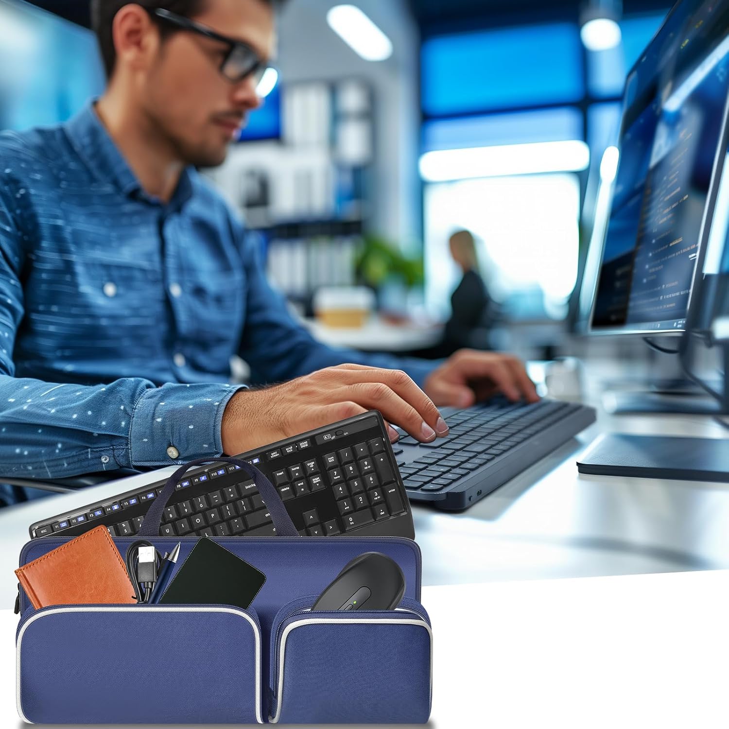 Travel Case for Logitech MK270/ MK345/ MK335/ MK955/ MK235, for HP 230, for Apple Magic Keyboard. Keyboards Carrying Storage Holder with Pocket for Logitech Mouse and USB Receiver (Box Only)-Blue