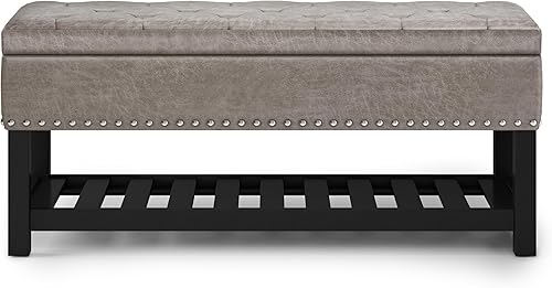 Miniatura 5 de SIMPLIHOME Lomond - Banco otomano rectangular tradicional de almacenamiento de 44 pulgadas de ancho en piel sintética vegana gris topo envejecida,