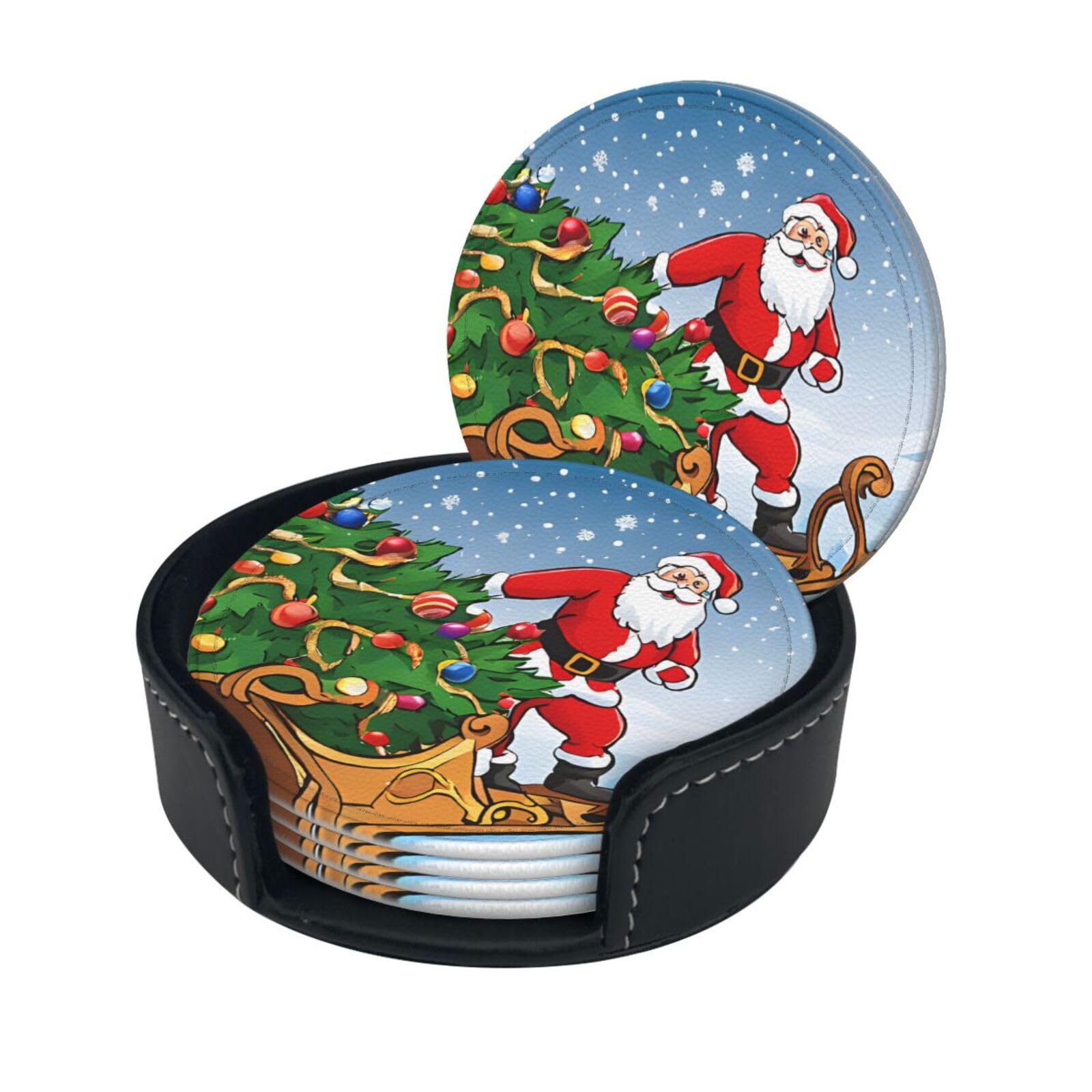Merry Xmas Print Coaster,Round Leather Coasters with Storage Box for Wine Mugs,Cold Drinks and Cups Tabletop Protection (6 Piece)