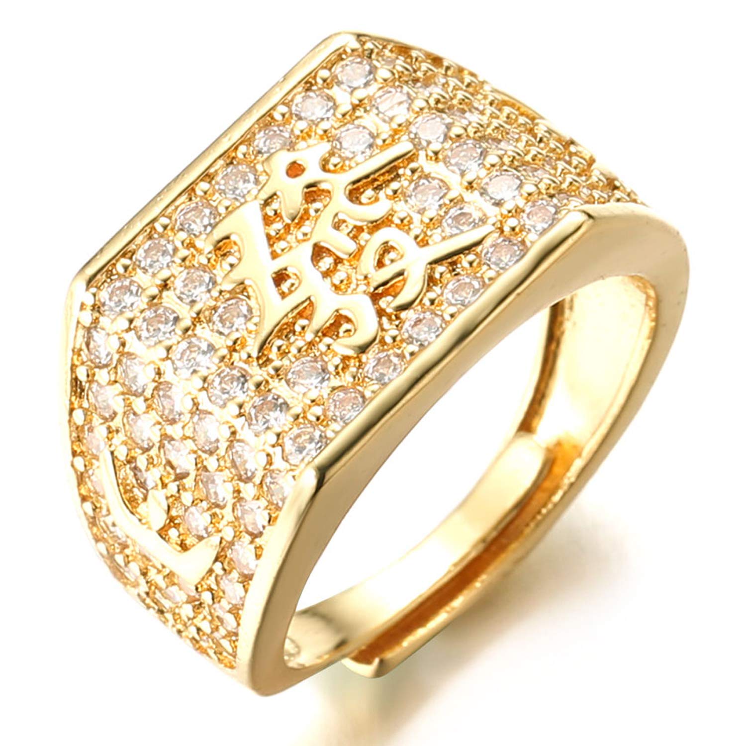HALUKAKAH● Oro Bendiga Todo ● Hombres Anillo Chapado en 18K Oro Real con Diamantes Kanji Rico+Suerte+Riqueza Tamaño Ajustable con CajaDeRegaloGRATIS (Rico Annello con Diamantes)