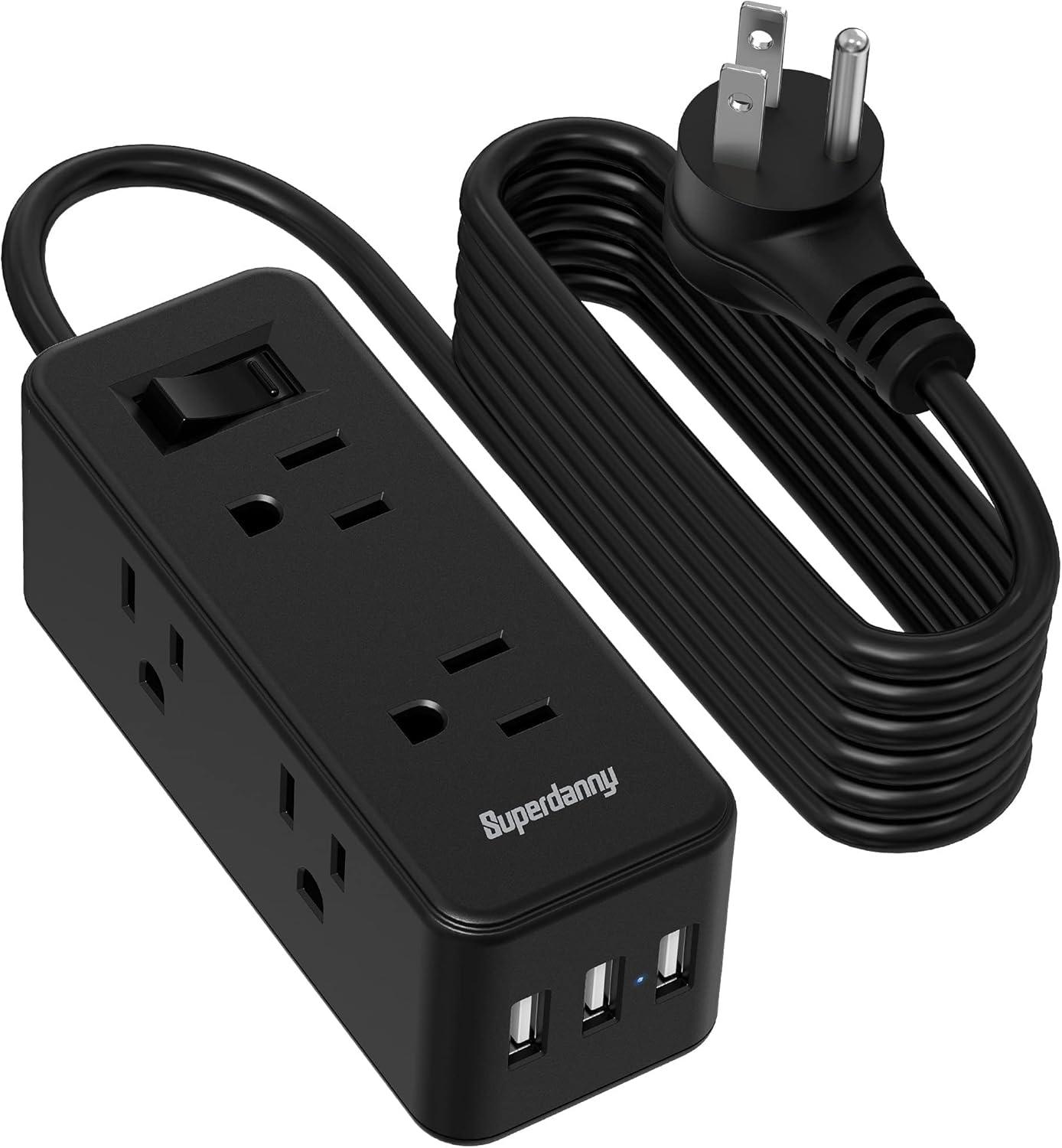 Power Strip Surge Protector with USB, SUPERDANNY Mini Flat Plug Extension Cord with 6 Widely Space Outlets & 3 USB Ports 5 Ft, Wall Mount, Compact & Small Charging Station for Office/Travel, Black
