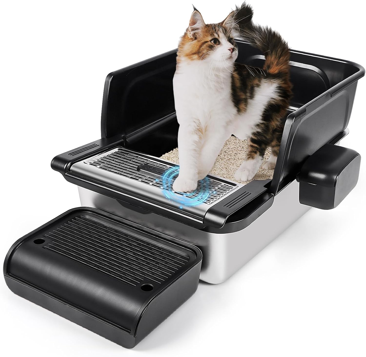 Stainless Steel Litter Box XXL, Extra Large 23.6L x 15.8W x 11.8" H High Sided Metal Cat Litter Box with One-Piece Scoop, Filter Pedal, Garbage Bags & Storage Box, Easy Cleaning (Black)