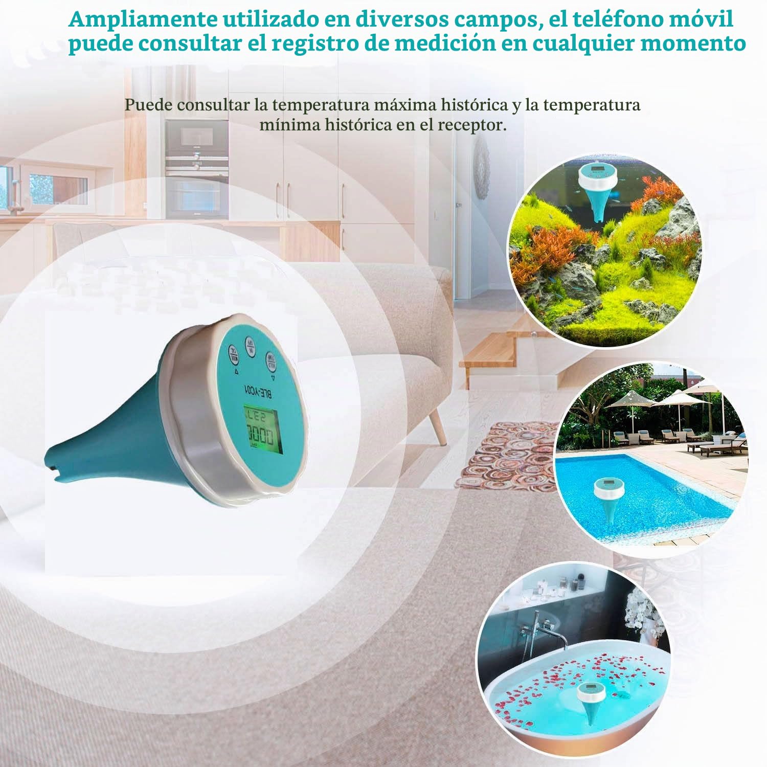 Probador de calidad del agua de la piscina Monitor de piscina Bluetooth Cloro de temperatura digital, termómetro de piscina 6 en 1, temperatura PH CL EC TDS ORP for piscina, acuario, laboratorio