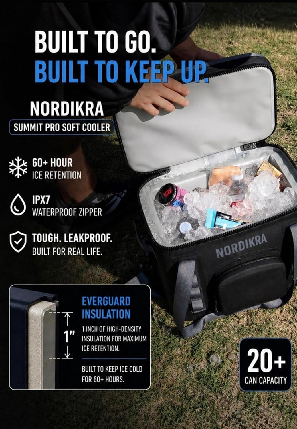 Soft Cooler Nordikra Summit Pro, 60+ Hour Ice Retention, Leakproof Heavy-Duty Insulated Cooler with Waterproof Zipper, 20-Can Portable Cooler for Camping, Fishing, Beach