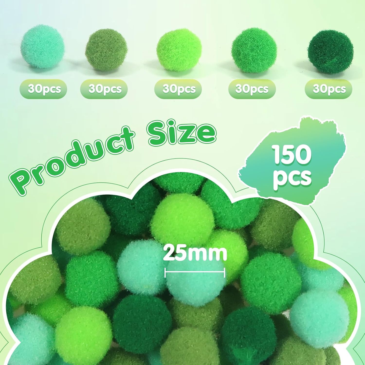 TOAOB 150pcs Large Pom Poms 1 Inch Green Craft Pom Poms Fuzzy Pompoms Balls for DIY Crafts Projects Home Decorations