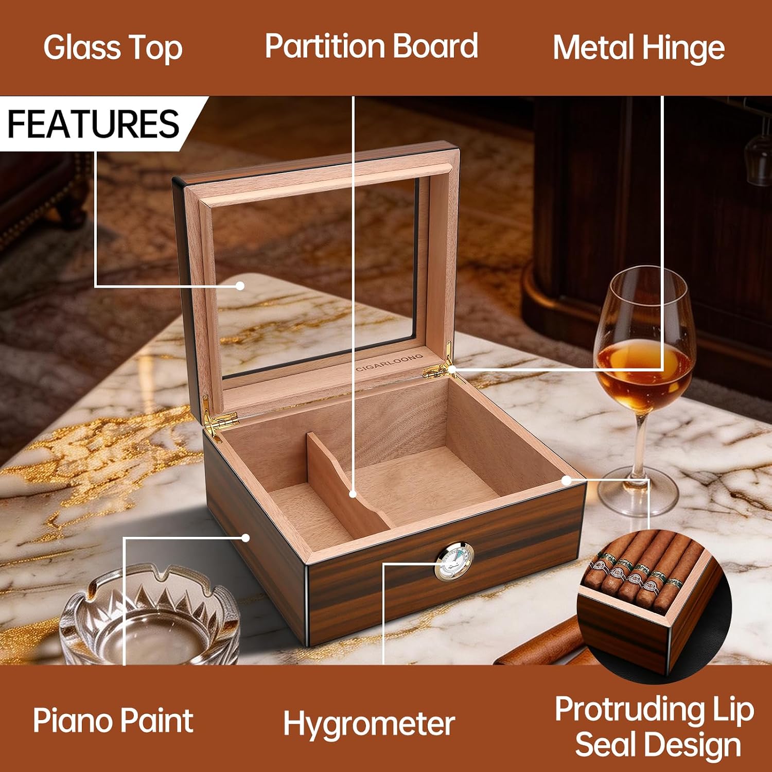 Desktop Humidor with Cigar Cutter - Hygrometer and Humidifier Accommodates up to 56 Cigars, Cedarwood Humidor the Cigar Aficionado's Indispensable Companion (Medium)