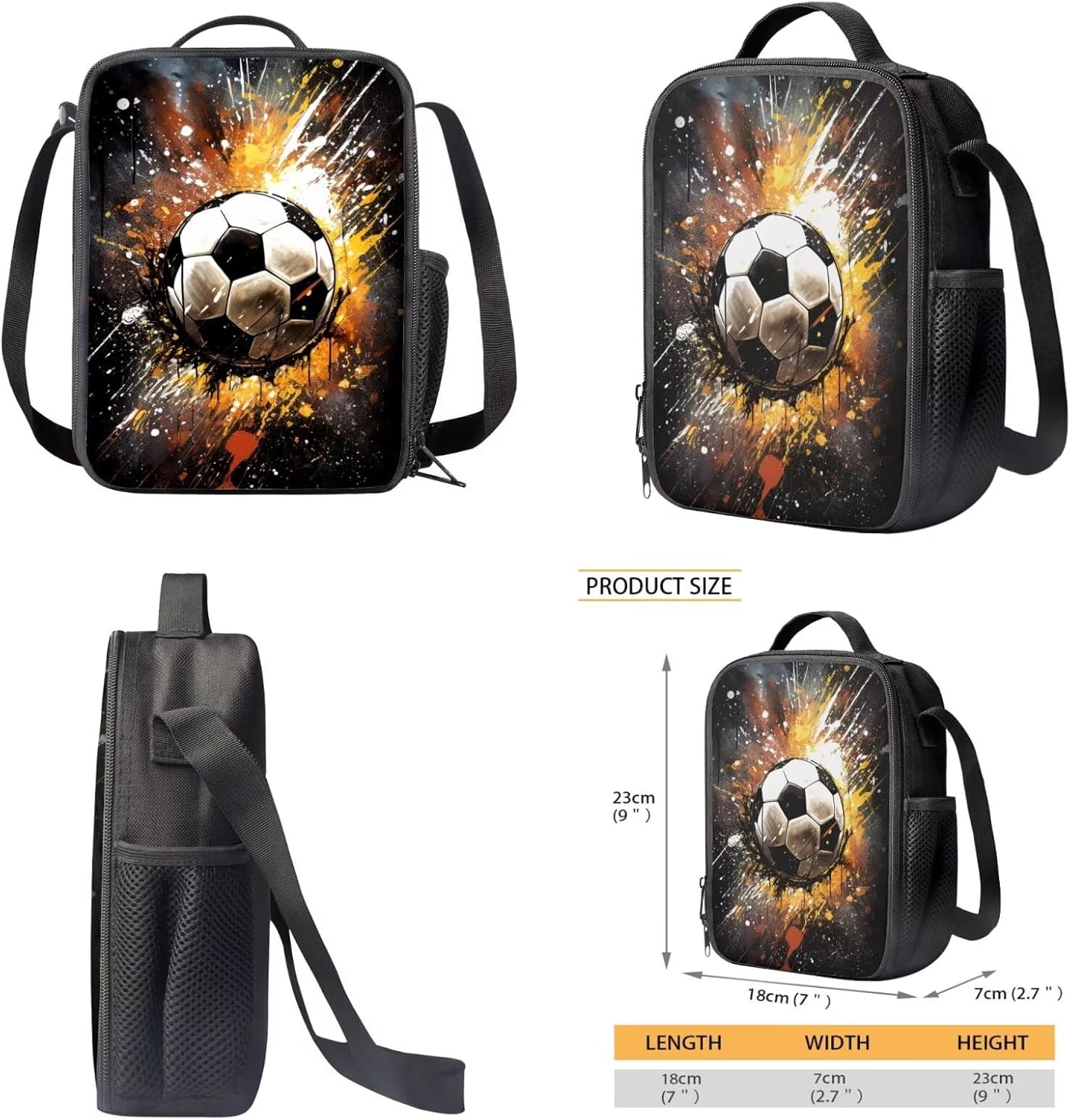 Splatter Soccer Ball Print Backpack Set for Boys Girls 17 Inch Travel Laptop Backpacks Book Bag with Lunch Bag Pencil Case Schoolbag Back-to-School Set for Student