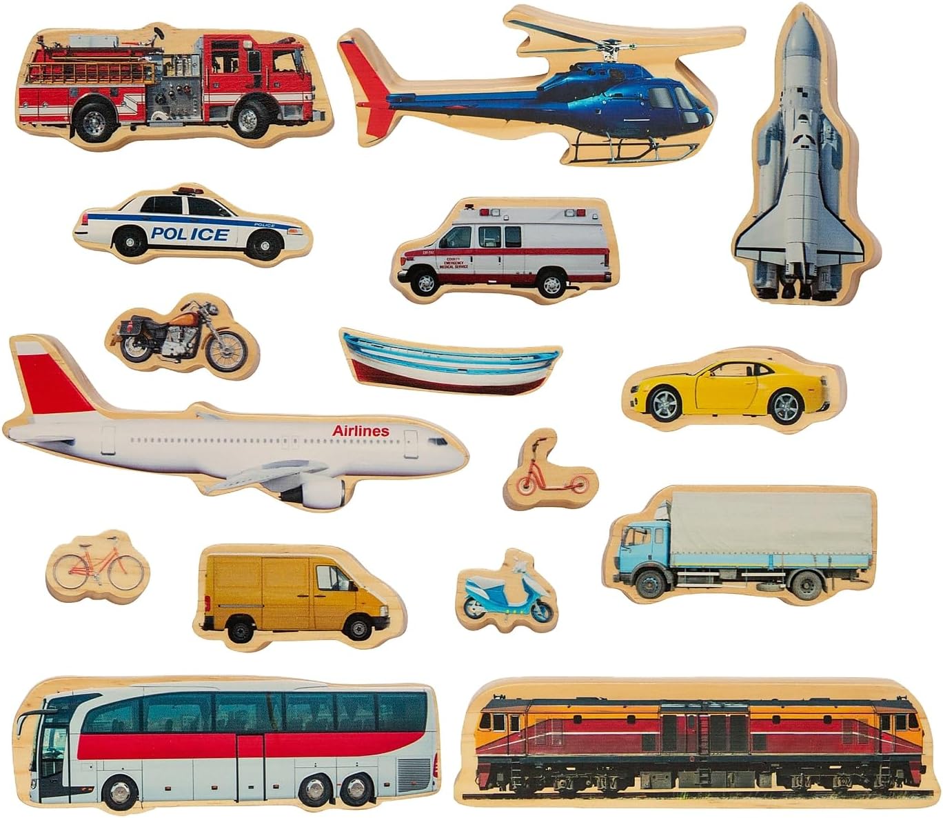 THE FRECKLED FROG-FF471 Getting Around - Set of 16 - Ages 2+ - Wooden Blocks for Toddlers - Includes a Train, Helicopter, Ambulance and More - Double-Sided