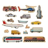 FF471 Getting Around - Set of 16 - Ages 2+ - Wooden Blocks for Toddlers - Includes a Train, Helicopter, Ambulance and More - Double-Sided