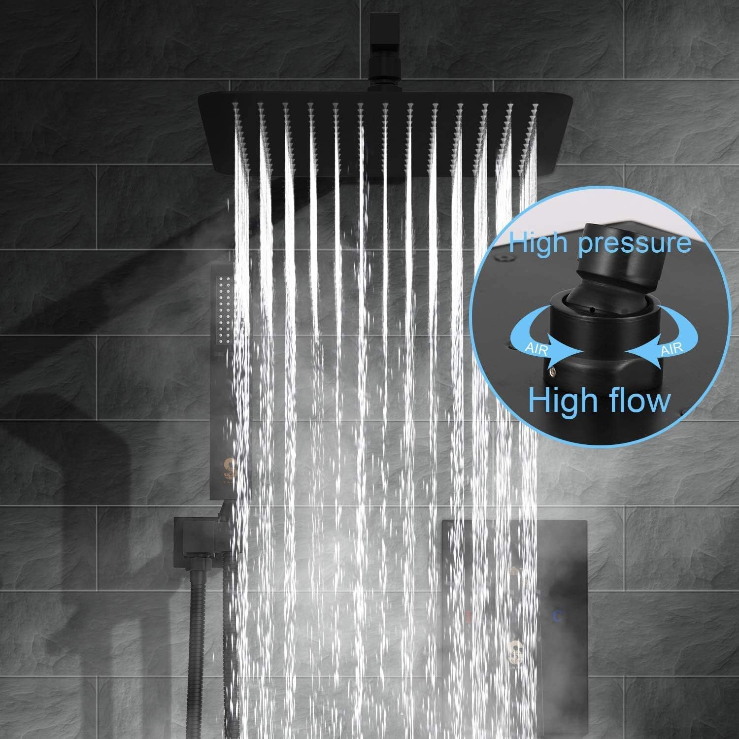 SR SUN RISE 12 Inches Matte Black Shower System 12 Inch Brass Bathroom Luxury Rain Mixer Shower Combo Set Wall Mounted Rainfall Shower Head System Shower Faucet Rough-in Valve Body and Trim Included - - 