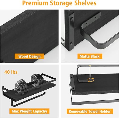 Vista 5 de BESy Estantes flotantes de almacenamiento montados en la pared con barra de toallero, soporte para toallas de papel con estante para cocina, Negro