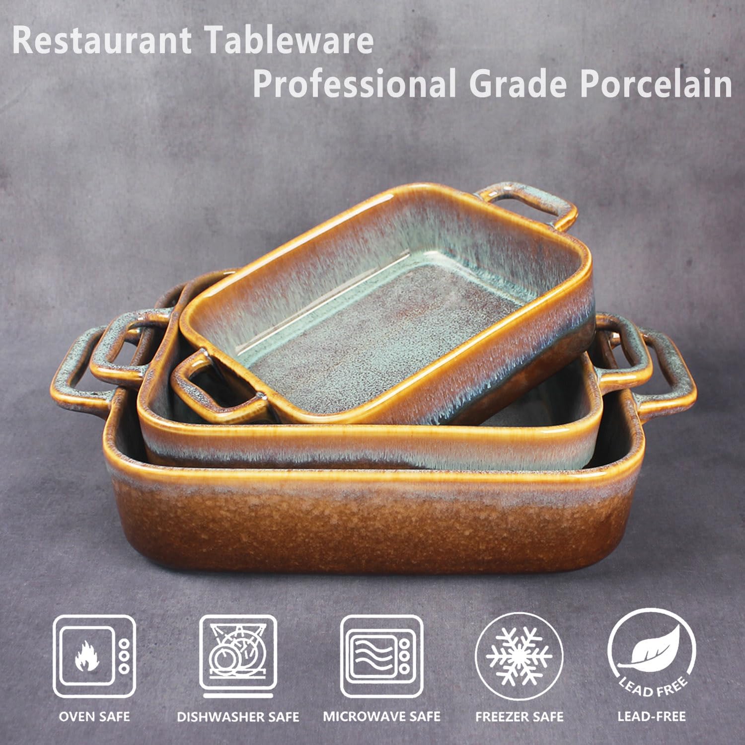 Baking Dish Ceramic Baking Dish、Rectangular Baking Pans Set、Double handles Suitable for lasagna、Baking、Oven 10.8IN、9.4IN、7.3IN Reactive Glaze 3-Piece