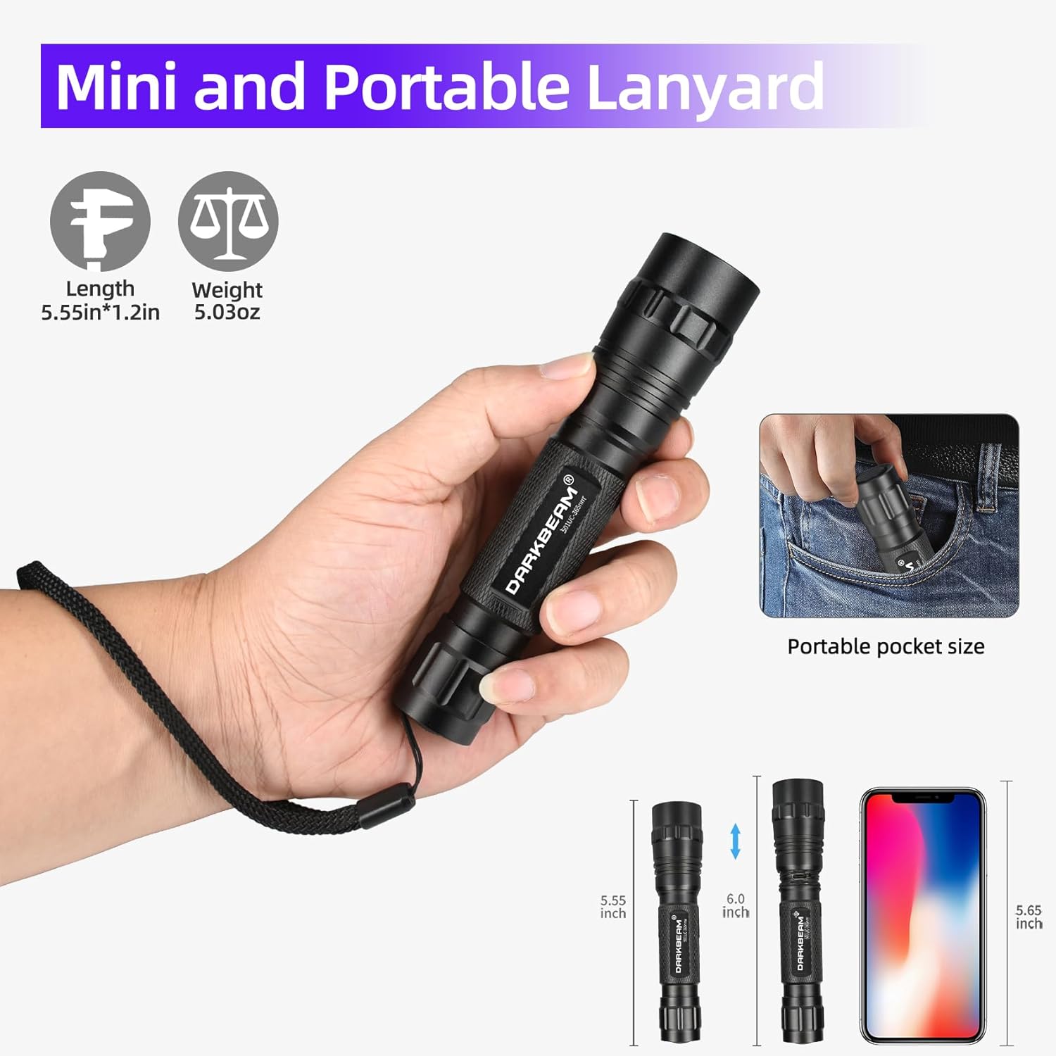DARKBEAM UV Flashlight 365 nm Light Blacklight, Mini Powerful Wood’s Lamp USB-C Rechargeable, LED 10W Ultraviolet Flashlights Pocket Pet Urine Detector for Mineral, Uranium Glass, Resin Curing