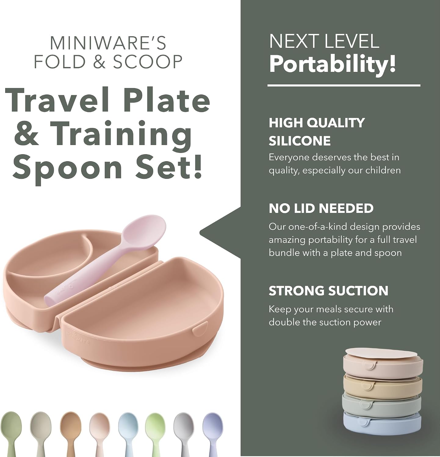 Miniware Fold & Scoop Baby Feeding Set - Silicone Travel Baby Plate With Suction & Baby Spoon - Compact, Portable, Dishwasher-Safe, Suction Base for Mess-Free Eating (Aquamarine and Aqua)