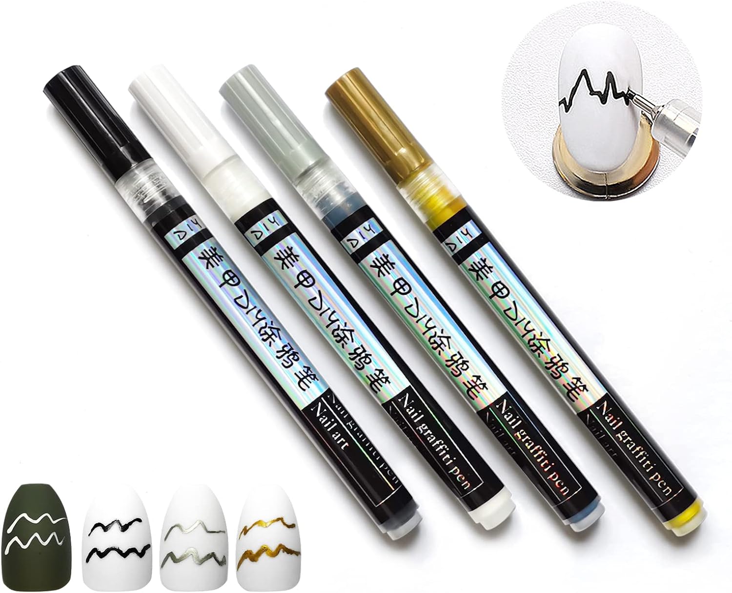 4 Colors Nail Art Pens Set, Water-Proof Qui-Drying Fine Tip Nail