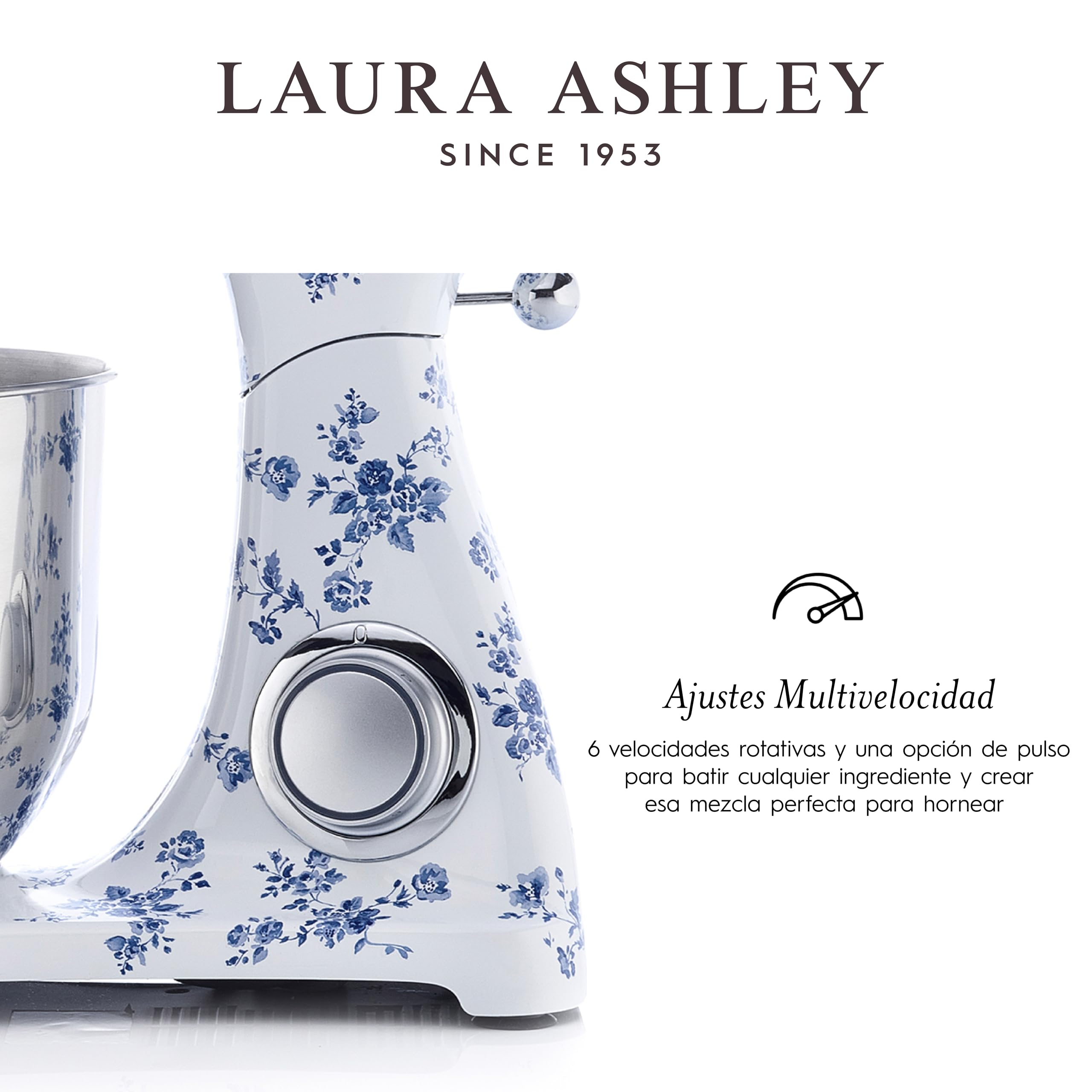 Laura Ashley Batidora Pie de Diecast de 6L con Estampado de Rosas de China de VQ - Procesador Alimentos con 10 Velocidades Infinitas, Opciones de Pulso, Motor de 1800W y Bol de Acero Inoxidable 304