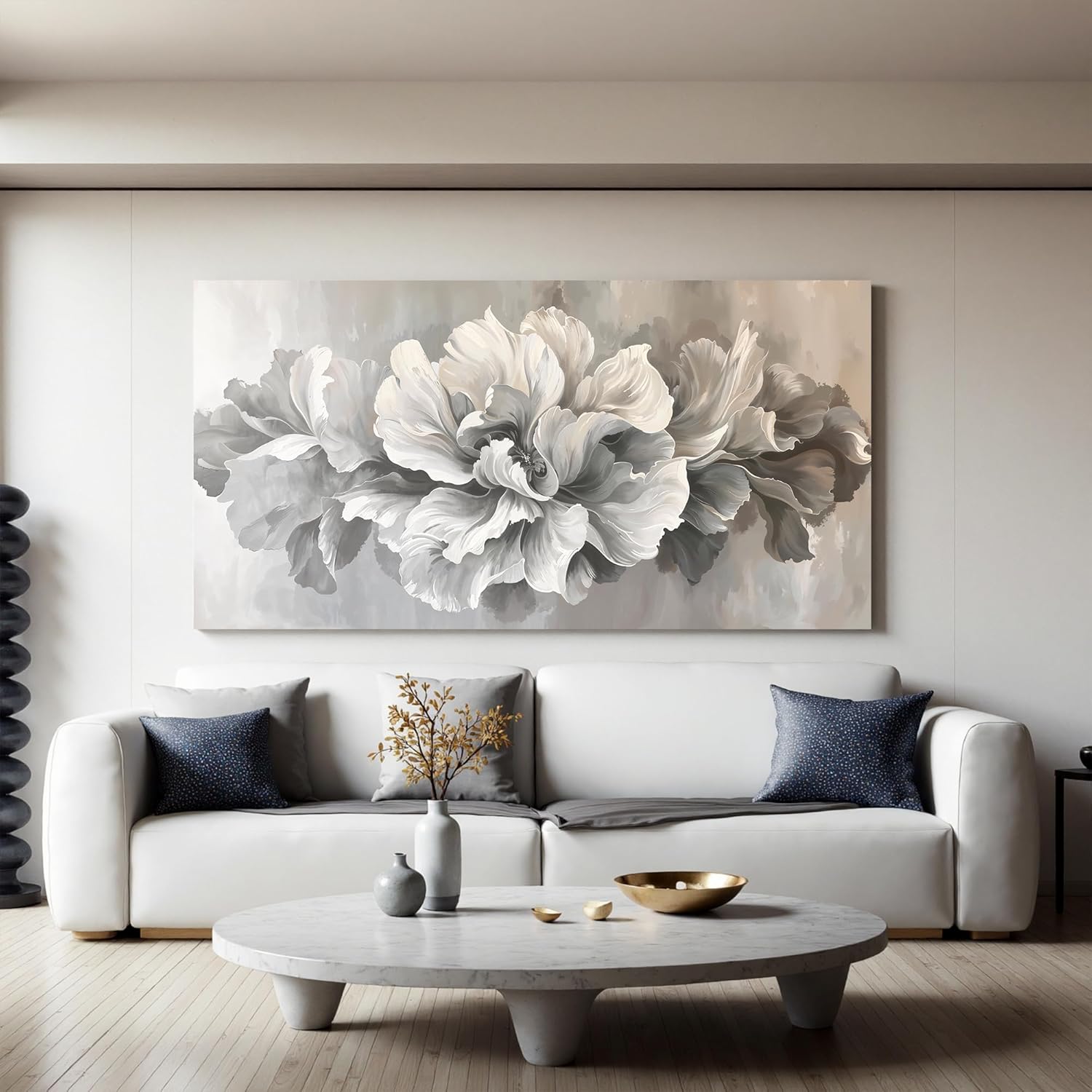 Canvas Wall Art Decor Large White Flower Wall Art Decor For Living Room Decor Pictures Prints Modern Aesthetics Wall Art Gray Floral Art Wall Decor For Home Bedroom Office Room Wall Decor 24×48 Inch