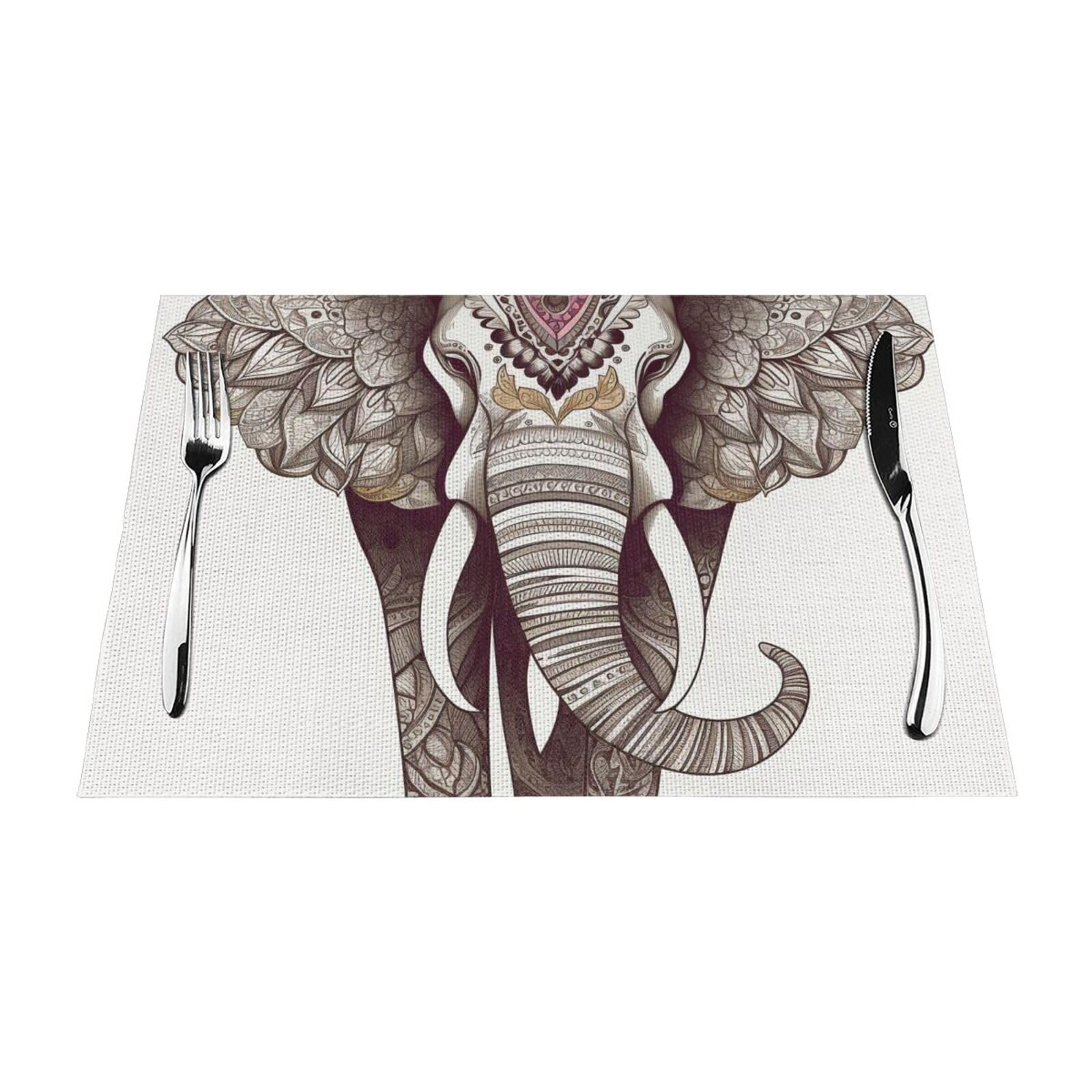 Elephant Art Printed PVC Placemat 4 PCS for Kitchen Dining Table Heat-resistand Washable Table Mats 18x12 in