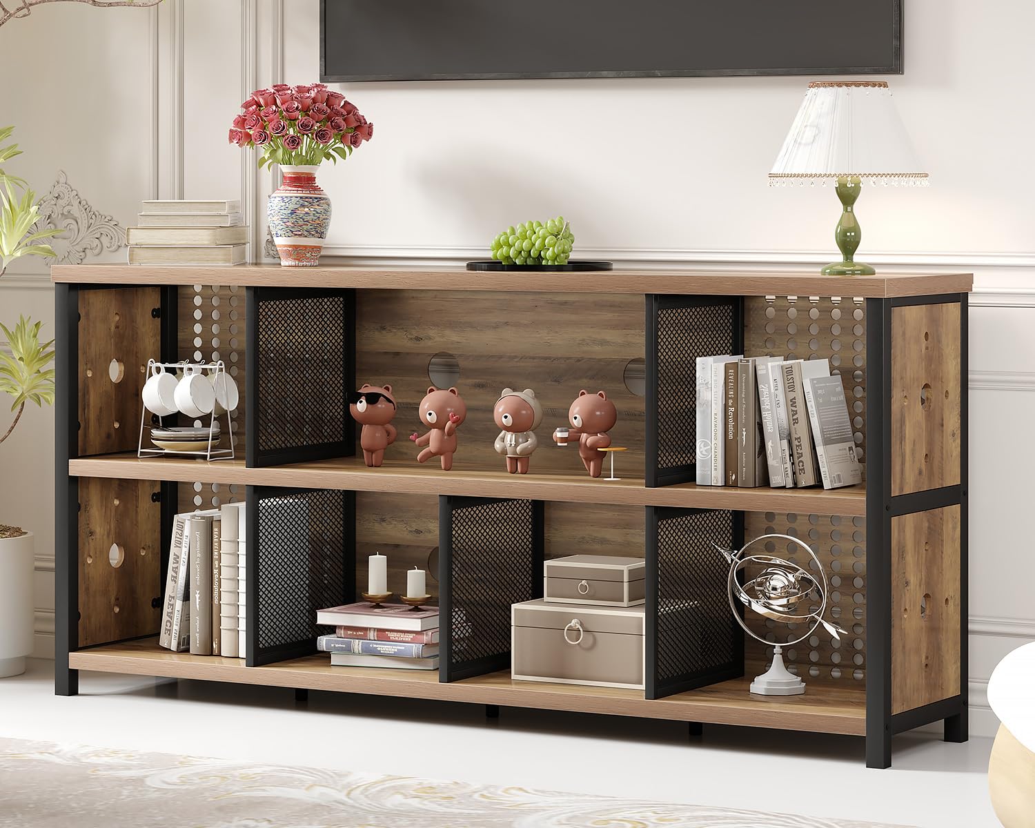 LVB Industrial Bookshelf with 8 Cube Storage Organizer, Long Horizontal Wood and Metal 4 Bookcase for Home Living Room Bedroom, Wide Large Modern 6 Cubby Book Shelves for Office, Rustic Oak, 160 CM — image 1