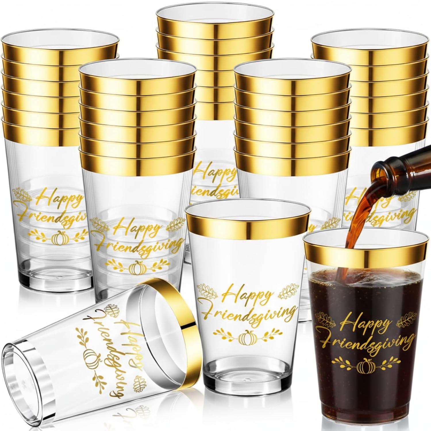 Potchen 24 Pcs Happy Friendsgiving Cups Friendsgiving Party Decoration 12oz Gold Foil Clear Plastic Disposable Drinking Cups for Thanksgiving Fall Pumpkin Autumn Party Supplies (Classic Style)