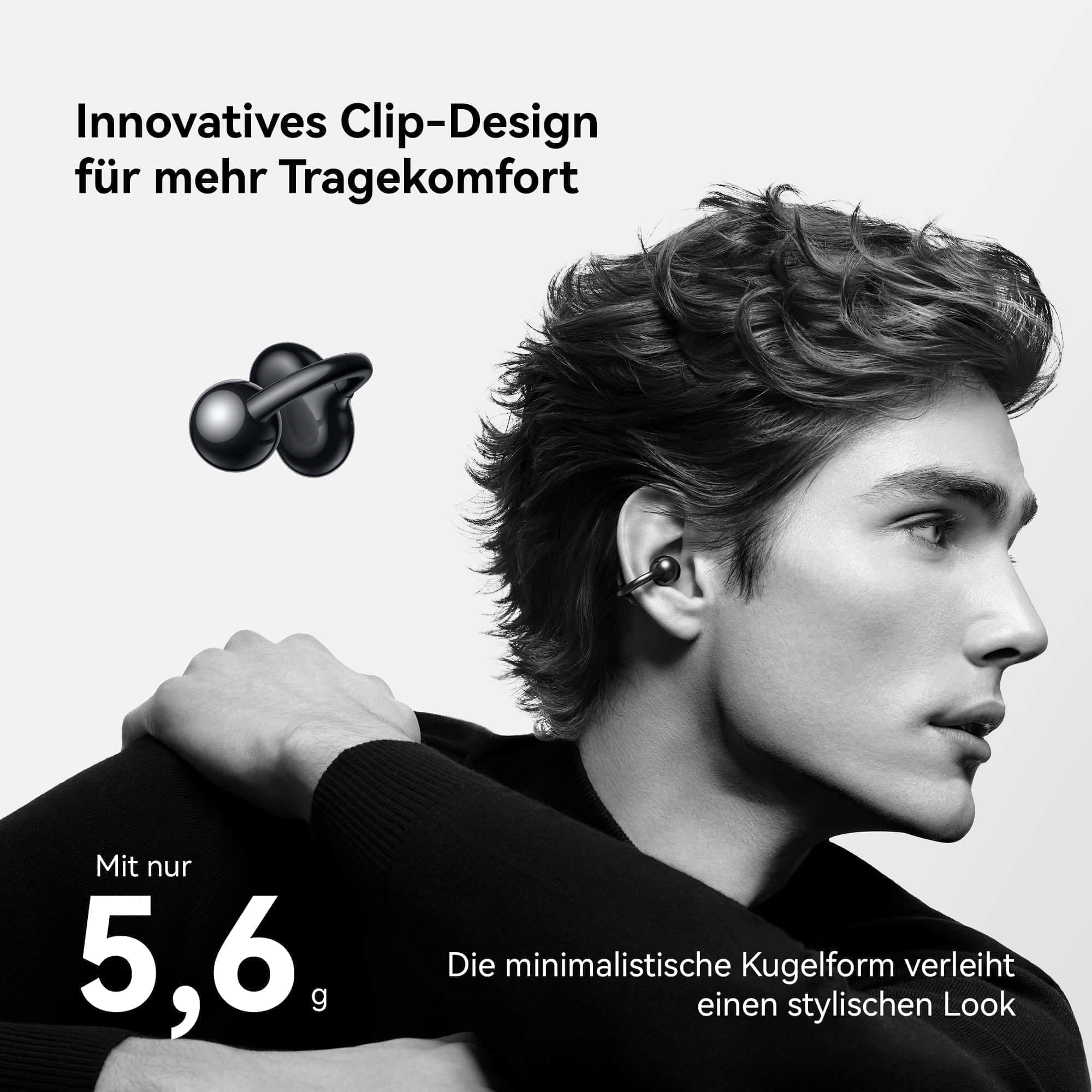HUAWEI FreeClip, kabellose kopfhörer mit Innovatives Clip-Design, Intensives Open-Ear-Hörerlebnis, KI-Hintergrundgeräuschunterdrückung bei Anrufen, Superlange Akkulaufzeit, Android™&iOS, Schwarz