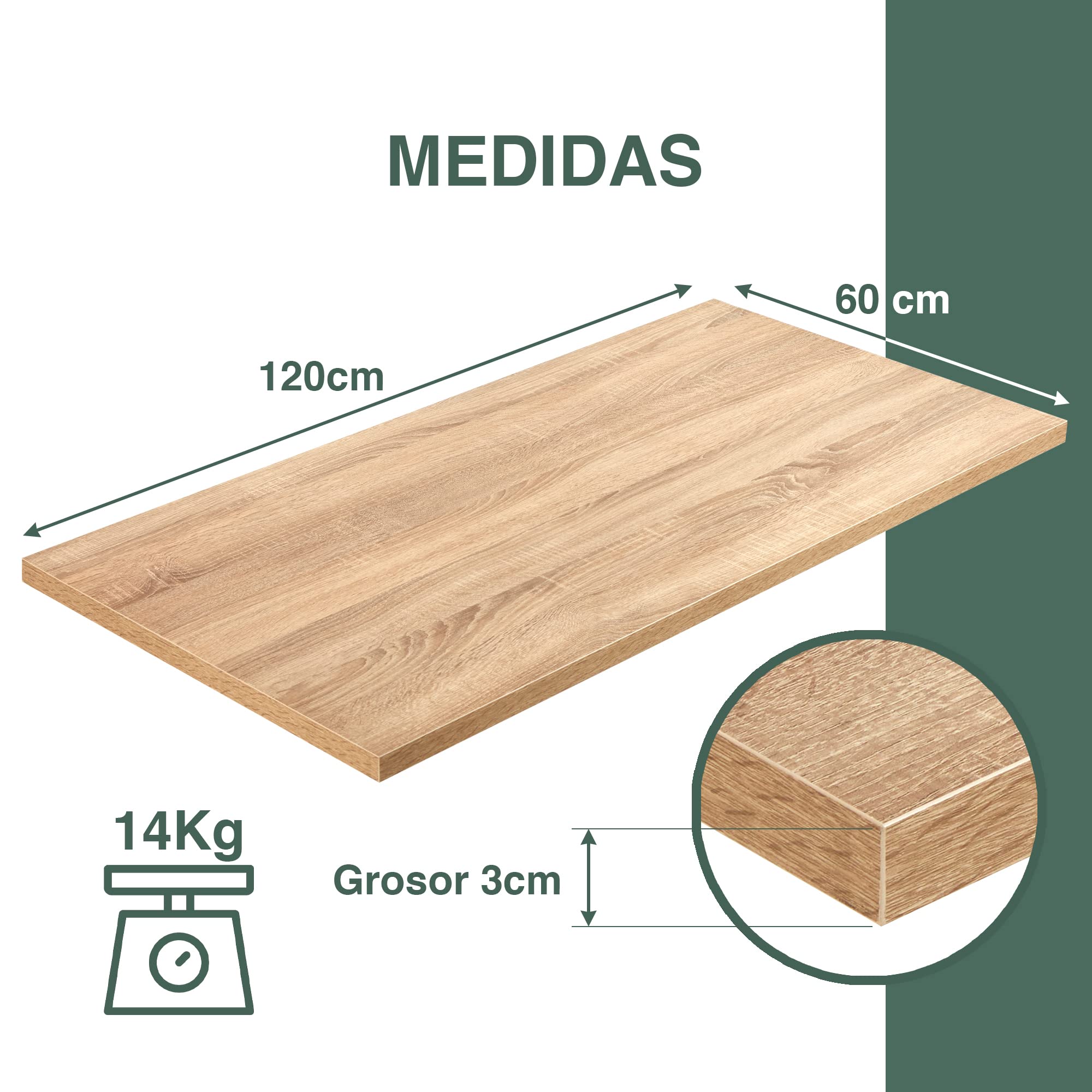 Tablero Madera para mesa, 120x60cm y Espesor 3cm, Acabado Roble, Compatible con Escritorio Elevable, Tablones de madera, Tablero Madera Mesa
