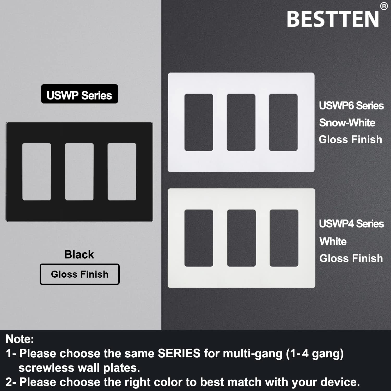 [2 Pack] BESTTEN 3-Gang Black Screwless Wall Plate, Unbreakable Polycarbonate Outlet Cover, H4.69” x W6.54”, for Light Switch, Dimmer, GFCI, USB Receptacle