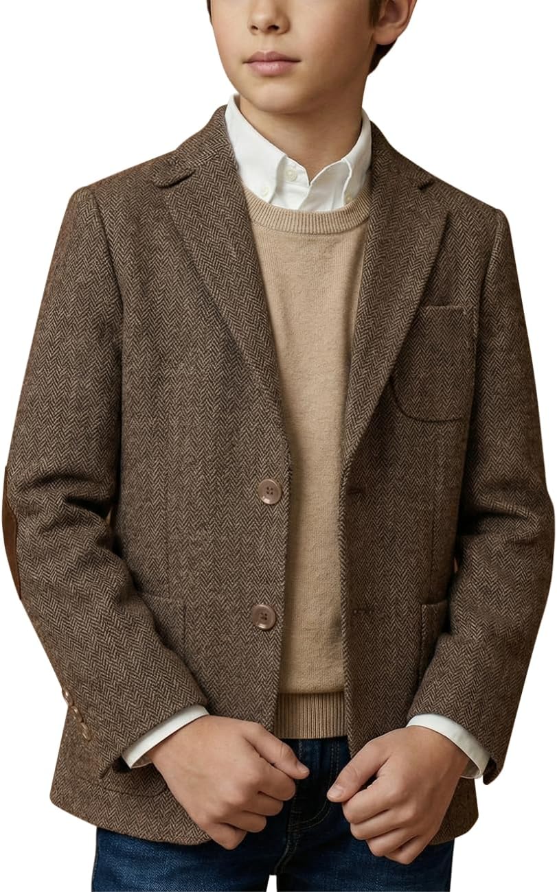 JPF Kids Herringbone Tweed Blazer Suit Jacket for Boys Slim Fit Teen Boys School Tweed Sport Coat Jacket
