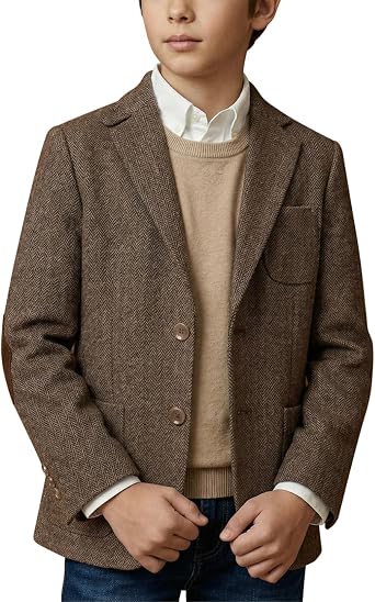 JPF Kids Herringbone Tweed Blazer Suit Jacket for Boys Slim Fit Teen Boys School Tweed Sport Coat Jacket