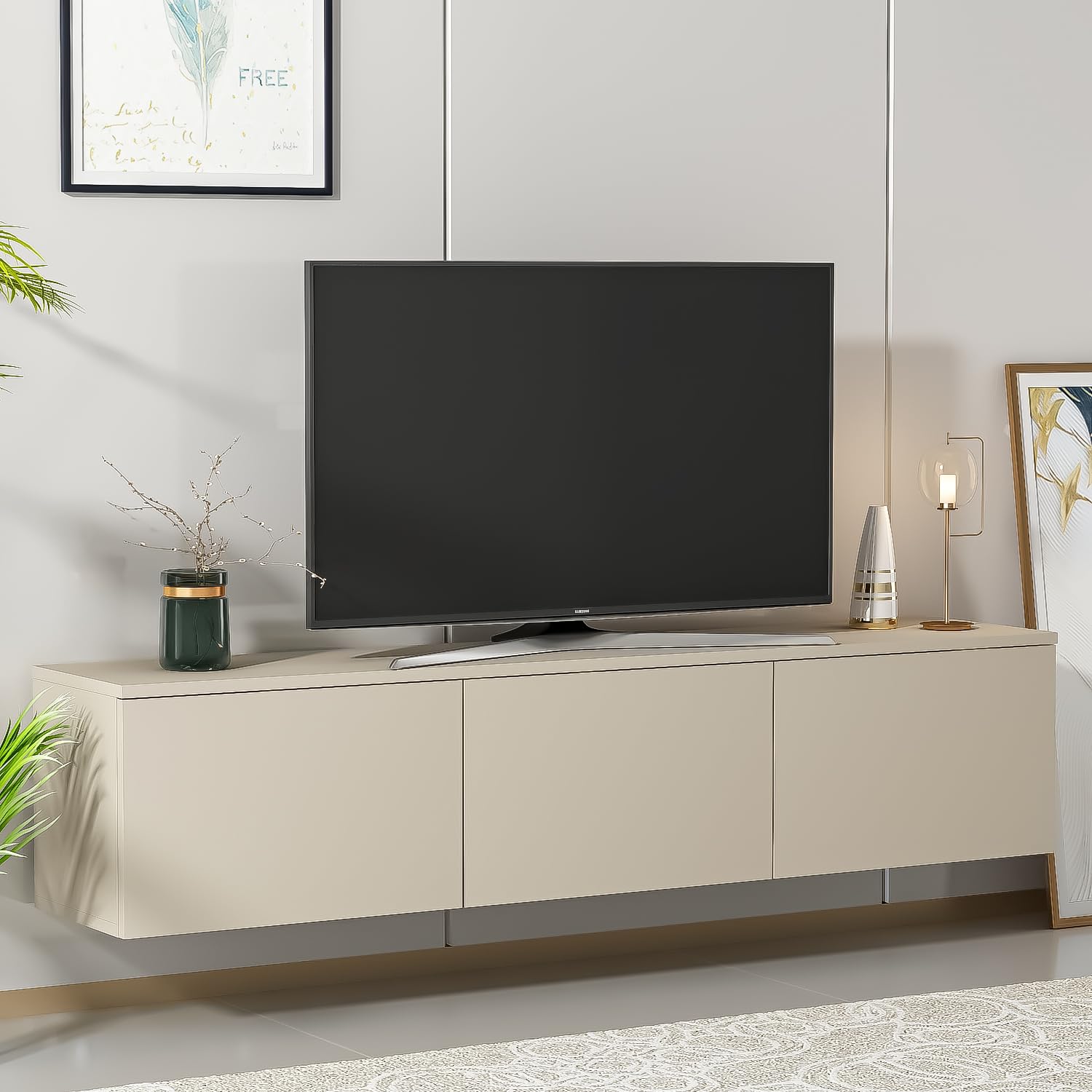 Homidea Levante Hängendes TV Lowboard 160 cm – Wandmontiertes TV-Board mit Klapptüren, Modernes TV-Möbel für Wohnzimmer (BEIGE)