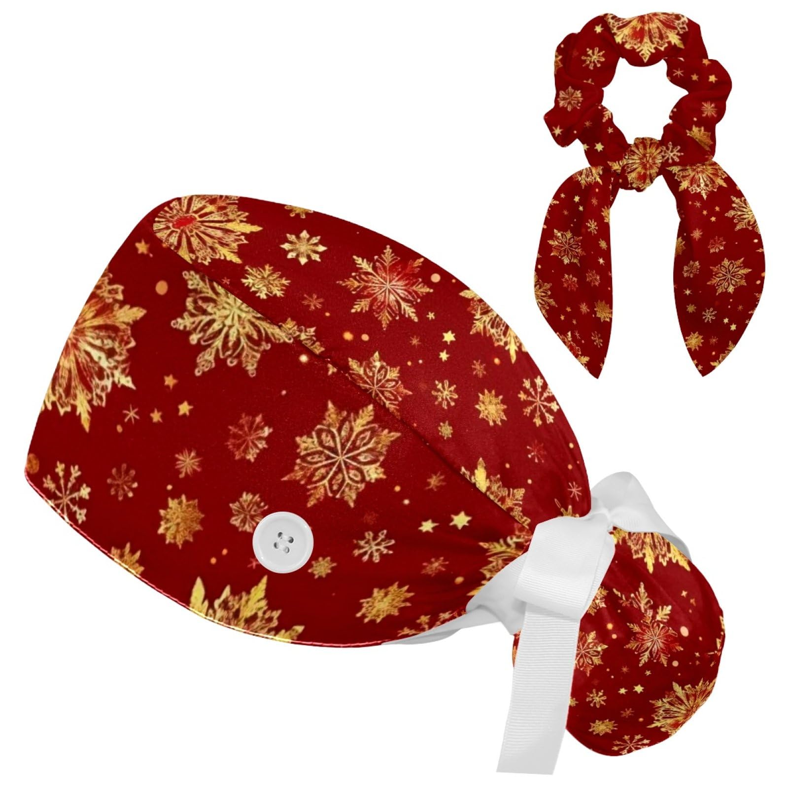Adjustable Winter Blue Snowflake Surgical Scrub Cap with Button, Ponytail Pouch, Sweatband for Women with Bow Hair Scrunchy