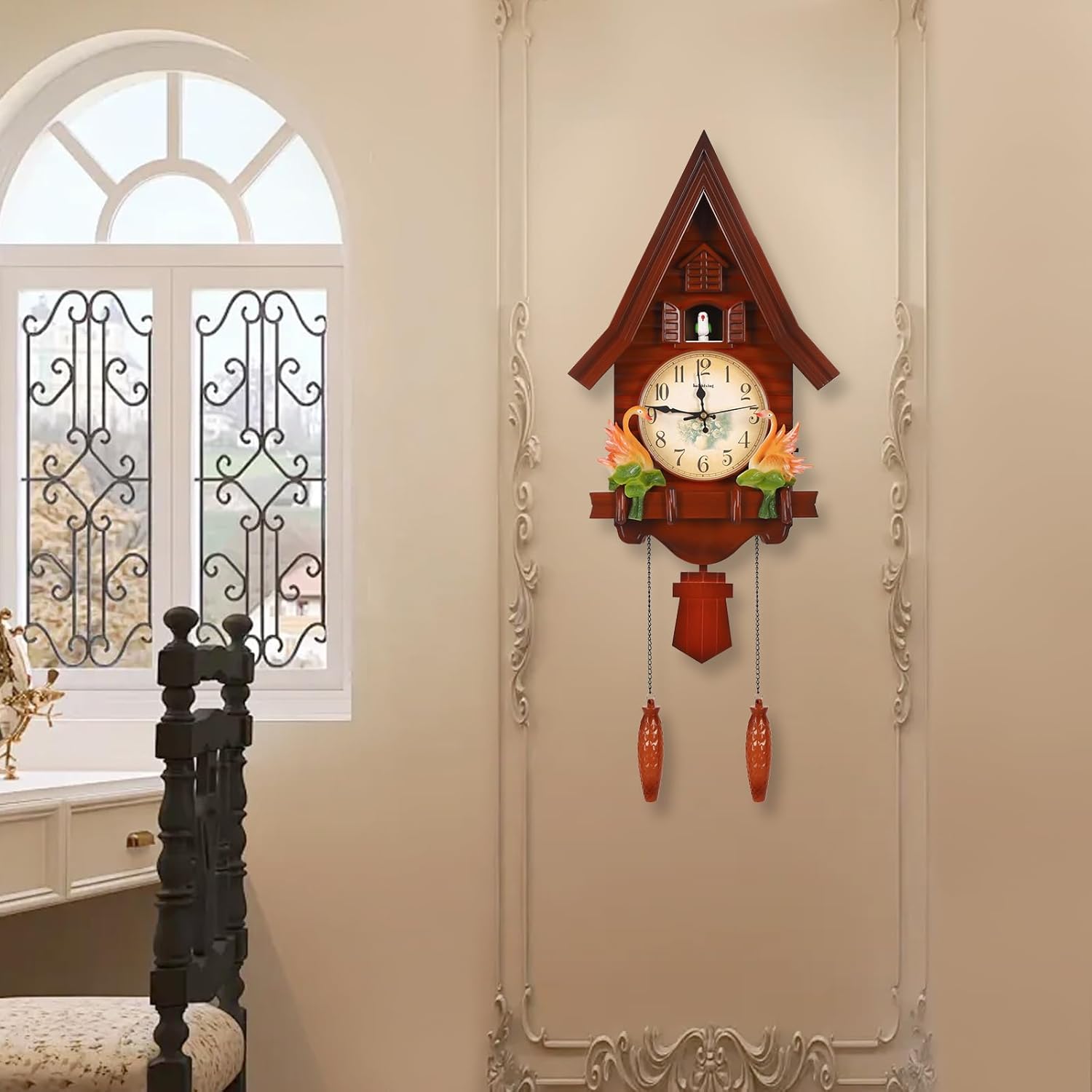 Cuckoo Clock for Wall Art Modern Clocks for Living Room Decor, Germany Style Vintage Clock Wall Wooden House with Hourly Chime and Volume Control, Unique Gift for Family Friend (Reddish-Brown)