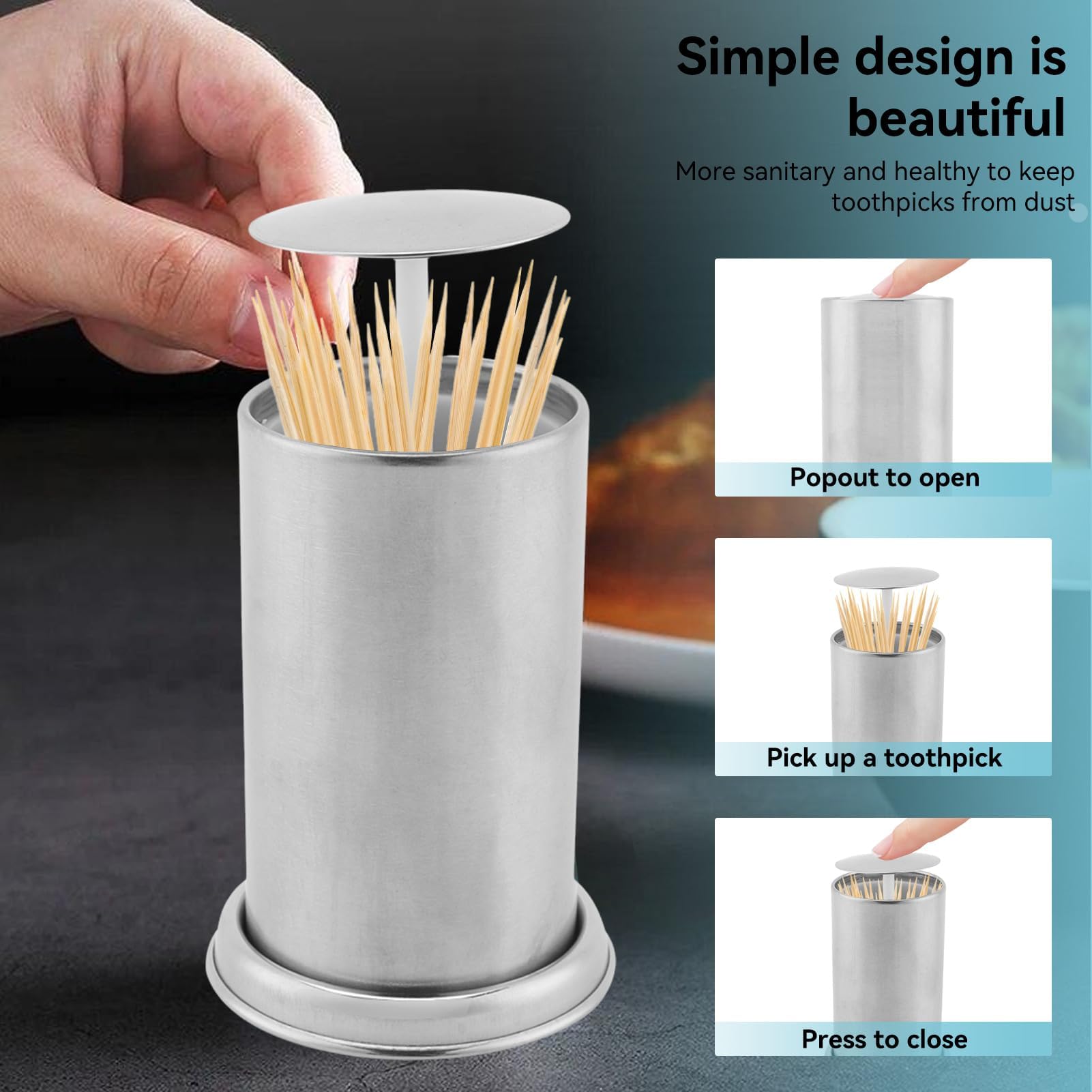 Toothpick Holder 2pcs, Stainless Steel Toothpick Holder Dispenser Automatic Click Open Toothpick Dispenser Toothpick Storage Box