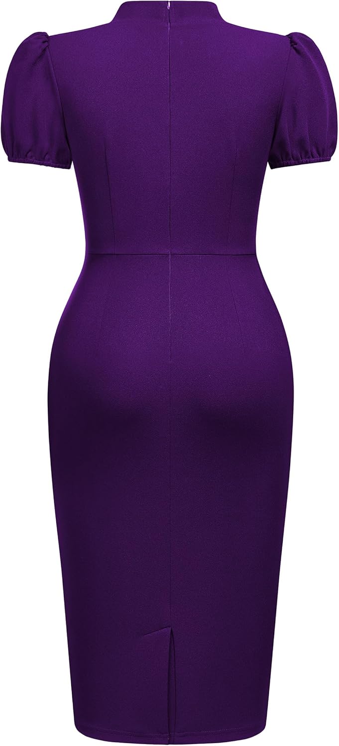 AISIZE Women's Elegant Tie Neck Puff Sleeves Ruched Cocktail Party Dress - Image 5