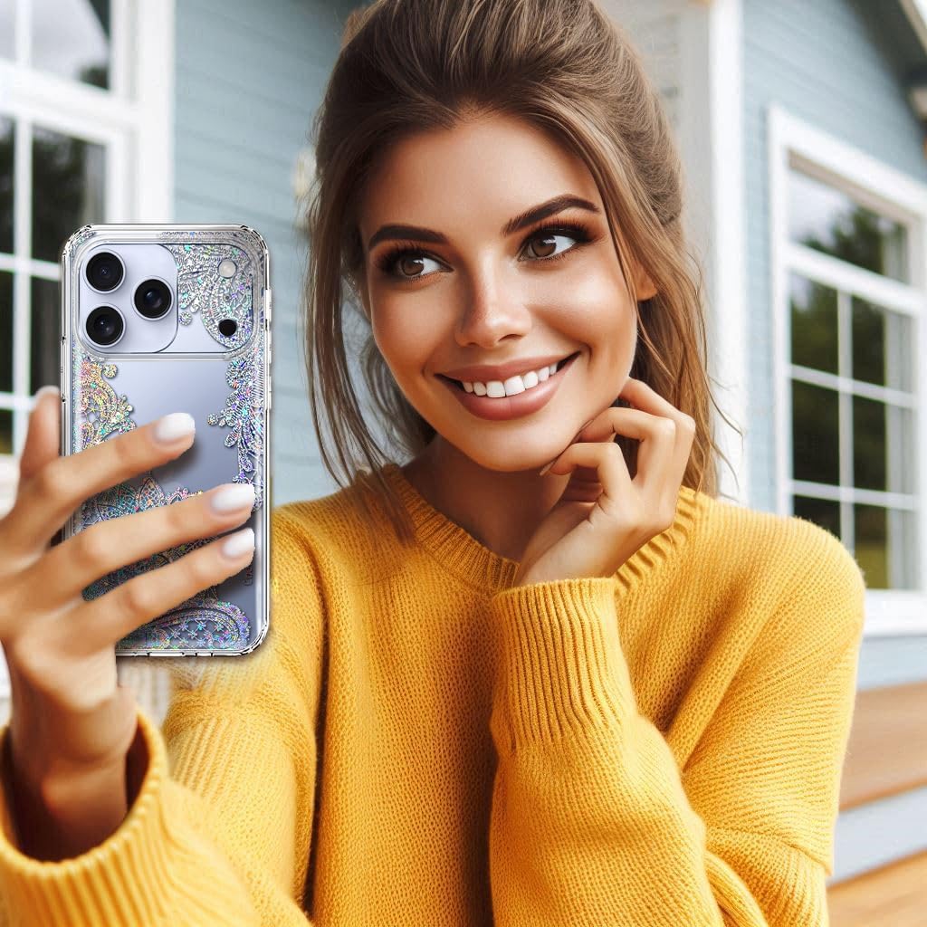 Coolwee Clear Glitter for iPhone 17 Pro Max Case with Screen Protector, Cute Cover for Girls Women, Slim Shockproof 10FT Drop Protection for iPhone 17 ProMax Crystal Lace Bling Mandala Henna - Image 8