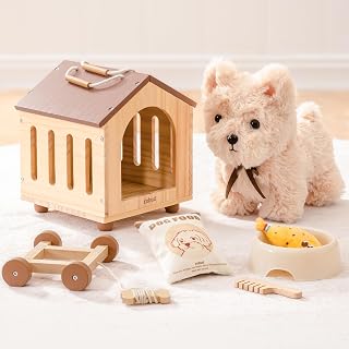 ROBUD Hund Spielzeug Kinder, 2-in-1 Nachziehtiere Spielzeug & Tierpflege Rollenspielset mit Holz Hundehütte & Abnehmbaren Rädern, Zubehör, Holzspielzeug Geschenk für Jungen Mädchen ab 2 3 Jahren