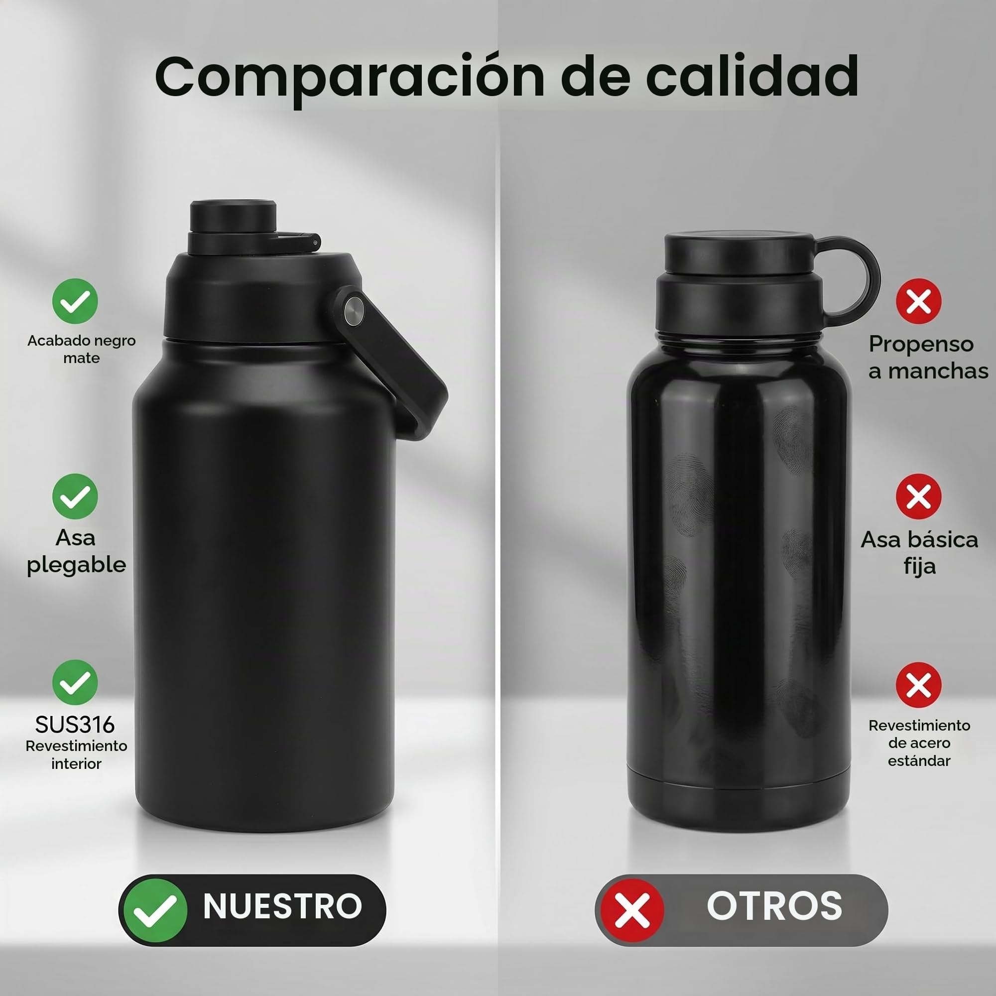 Botella de Agua Aislada de 3L, Taza Térmica de Acero Inoxidable SUS316, Boca Ancha con Asa, Mantiene el Frío 48H Caliente 24H, para Deporte/viajes (BLACK)
