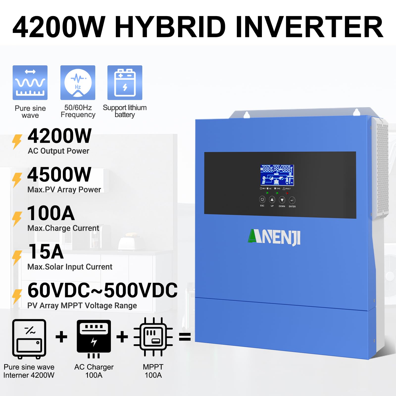 4200W Inverter Ibrido 24V Inverter Fotovoltaico a Onda Sinusoidale Pura, MPPT da 100A Tensione di Ingresso Fotovoltaica Massima di 500V, Adatto Per Batterie al litio da 24V, con Modulo WiFi
