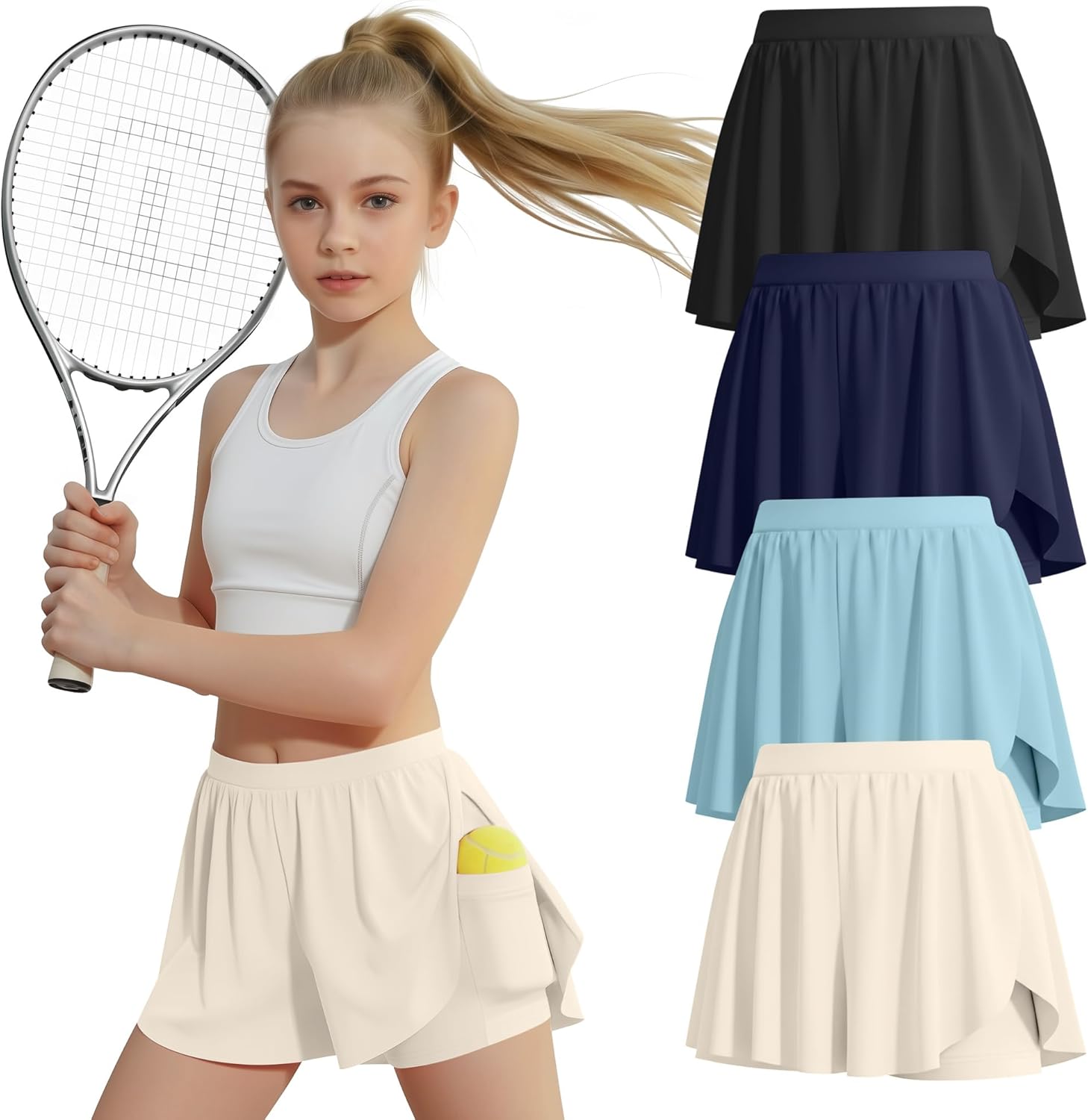 4 Pack Girls' Athletic Shorts Flowy Butterfly Skirts 2 in 1 Kids Quick Dry High Waist Running Shorts with Pockets
