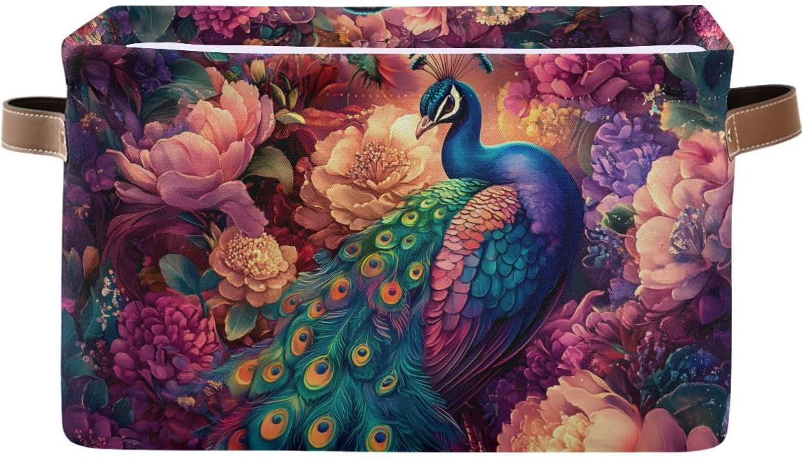 Storage Basket Peacock in Flowers Canvas Collapsible Box Organizer Bin with Handles