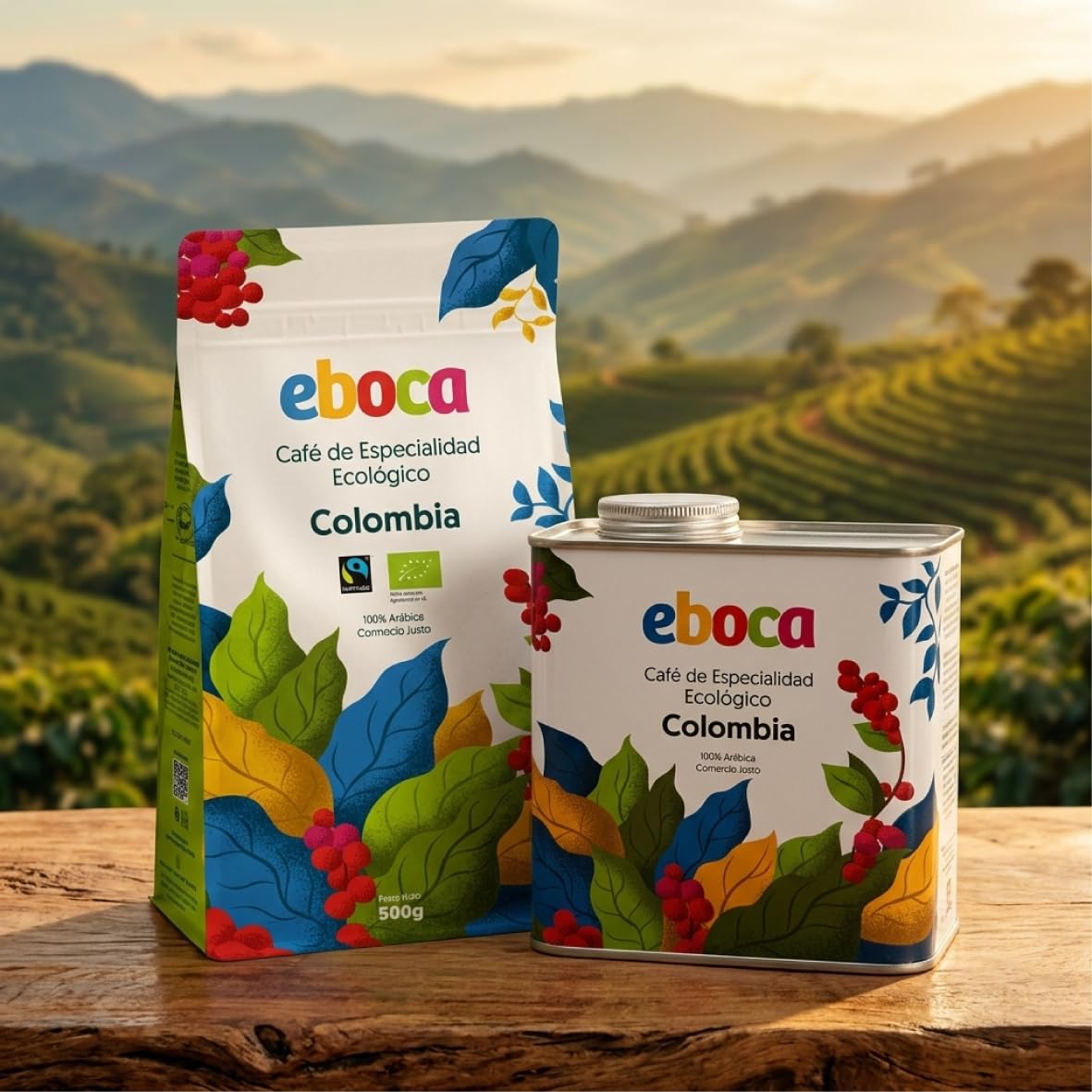 EBOCA Café en Grano Ecológico 1kg (2x500g) – 100% Arábica de Especialidad, Origen Colombia, Comercio Justo (Fairtrade), Tostado Artesanal en Huesca, Tueste Medio para Espresso y Filtro