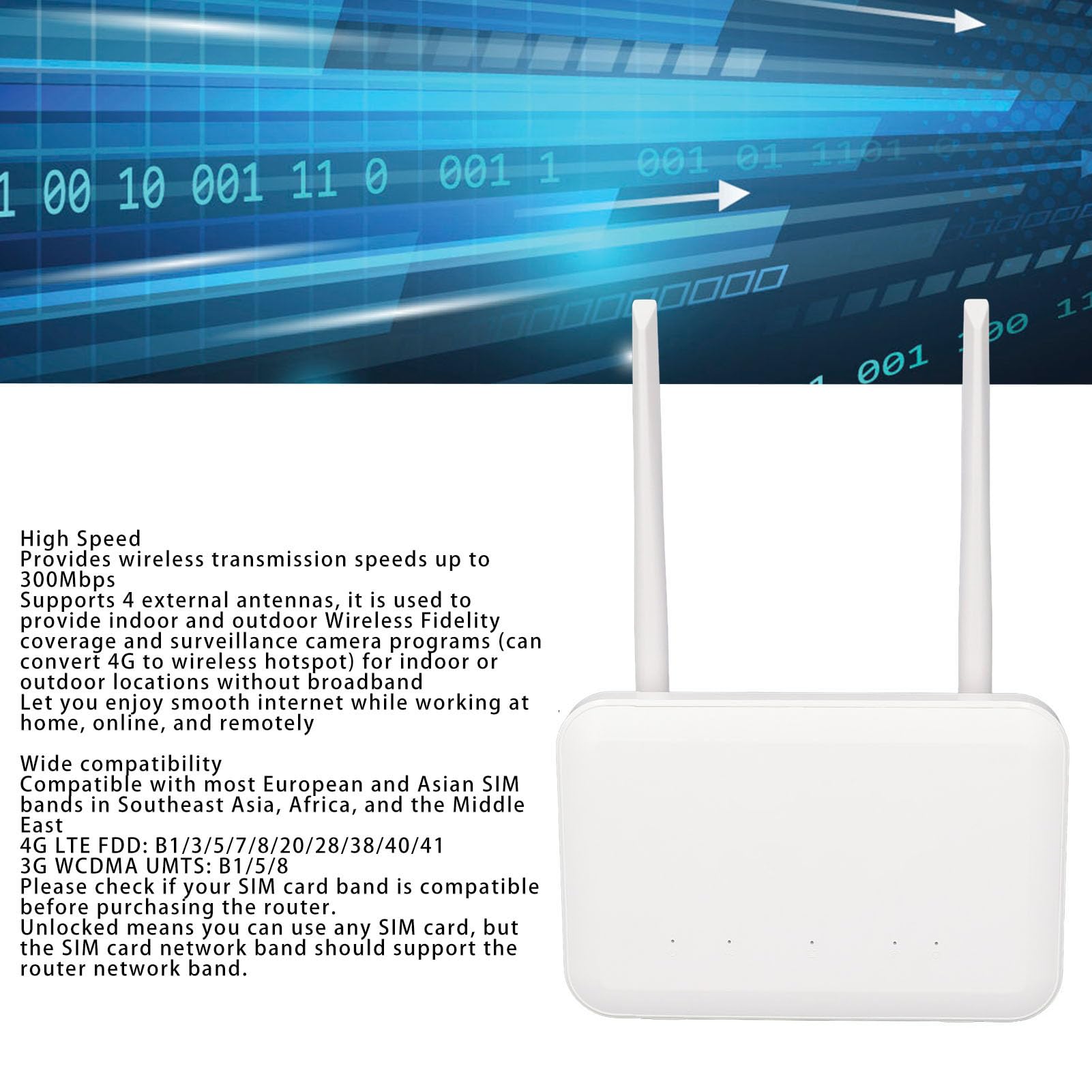 Router 4G 300Mbps con 4 Antenne, Slot per Scheda SIM Sbloccato, Porta LAN, 32 Utenti, per Casa, Ufficio, Esterno, Router CPE 4G 300Mbps (Spina europea)