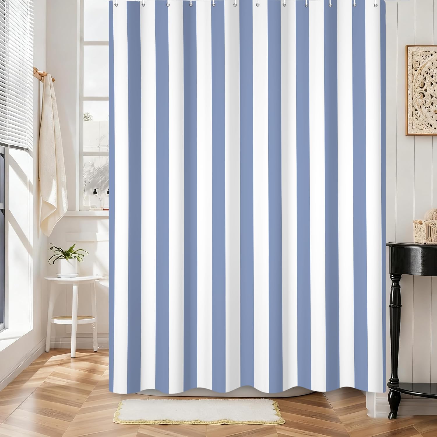 Rideau de Douche 180x220 Bleu et Blanc à Rayures en Tissu Polyester Lavable