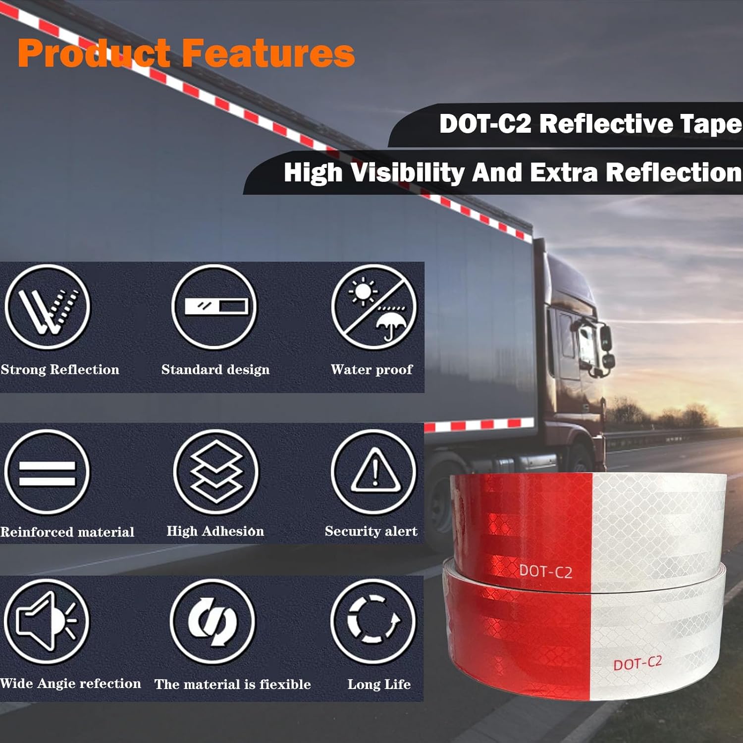 DOT-C2 Reflective Tape Wide 2" Red/White Conspicuity Tape High Visibility Safety Caution Warning Grade Strong Adhesive Reflective Safety Tape Fit for Trailer,Truck,Vehicles,Driveway,Boats (300FT)