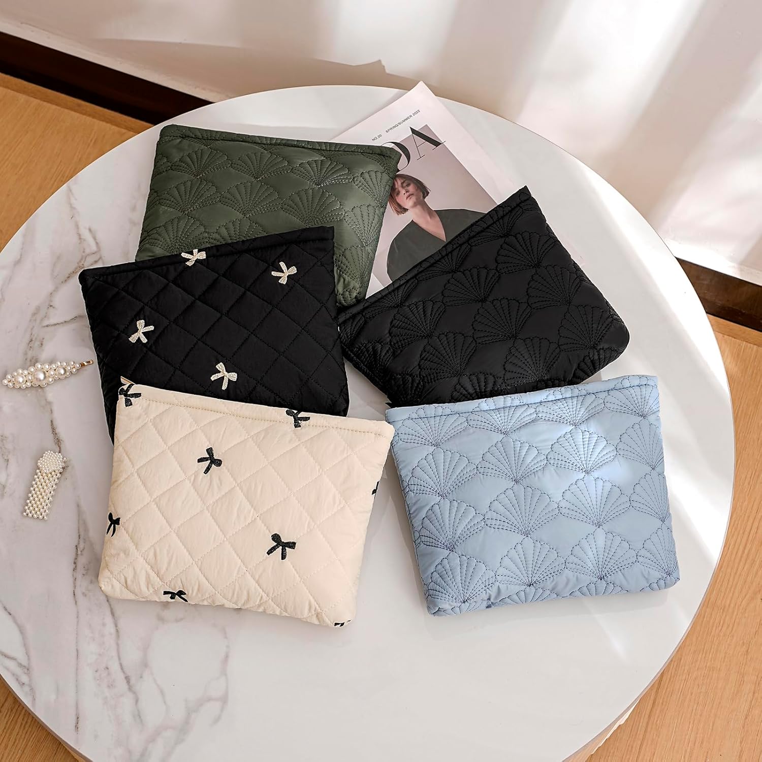 uekeboag Quilted Floral Cotton Makeup Pouch,Coquette Quilted Cosmetic Bag for Women and Girls, Aesthetic Organizer Bag, Flower Cute Travel Toiletry Bags(15Beige Bow) - Image 4