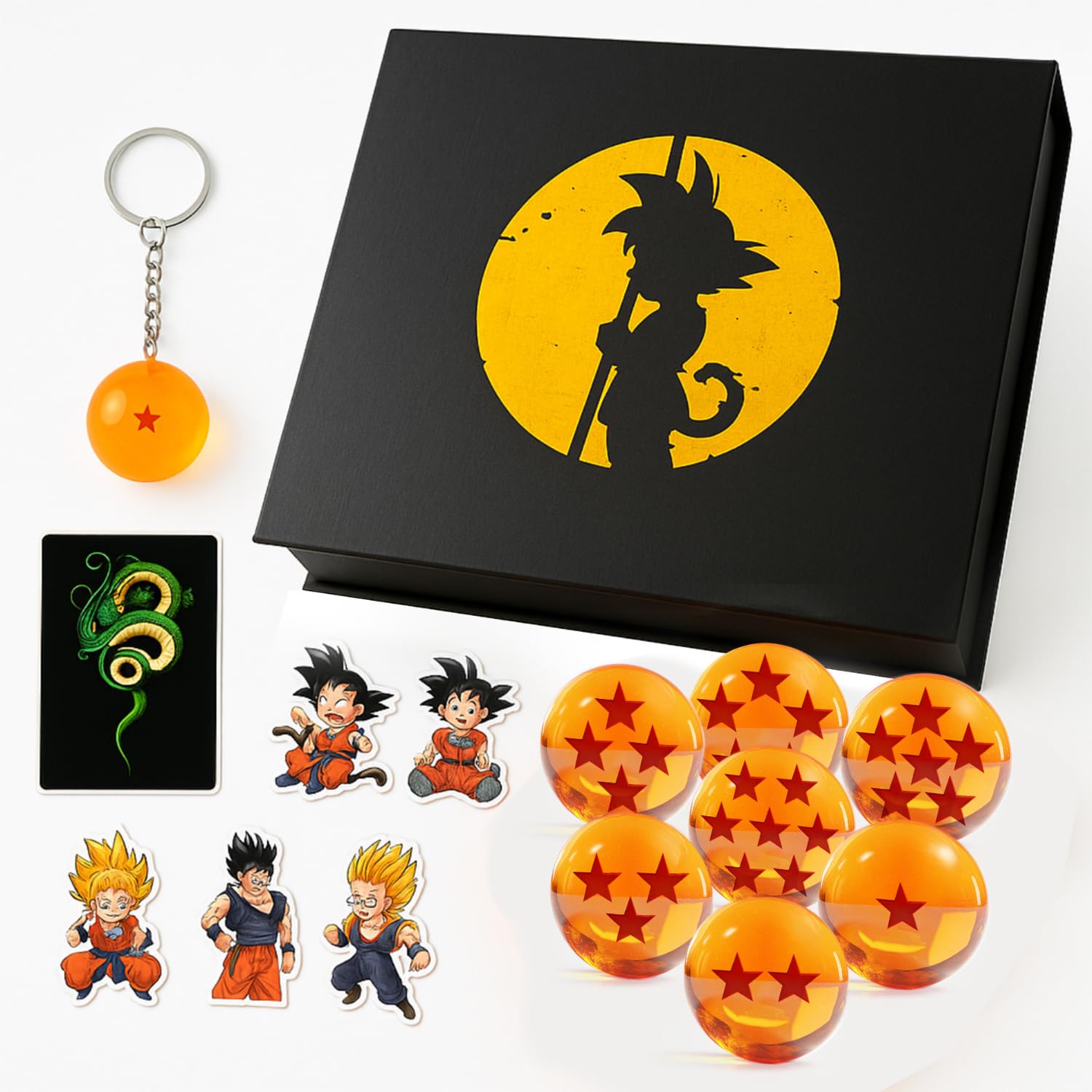 Set di 7 Sfere del Drago (1 a 7 Stelle) con Portachiavi, Adesivi e Carta di Invocazione di Shenlong. Ideale per Collezionisti o Come Regalo per Bambini. Set Sfere del Drago Progettato in Spagna.