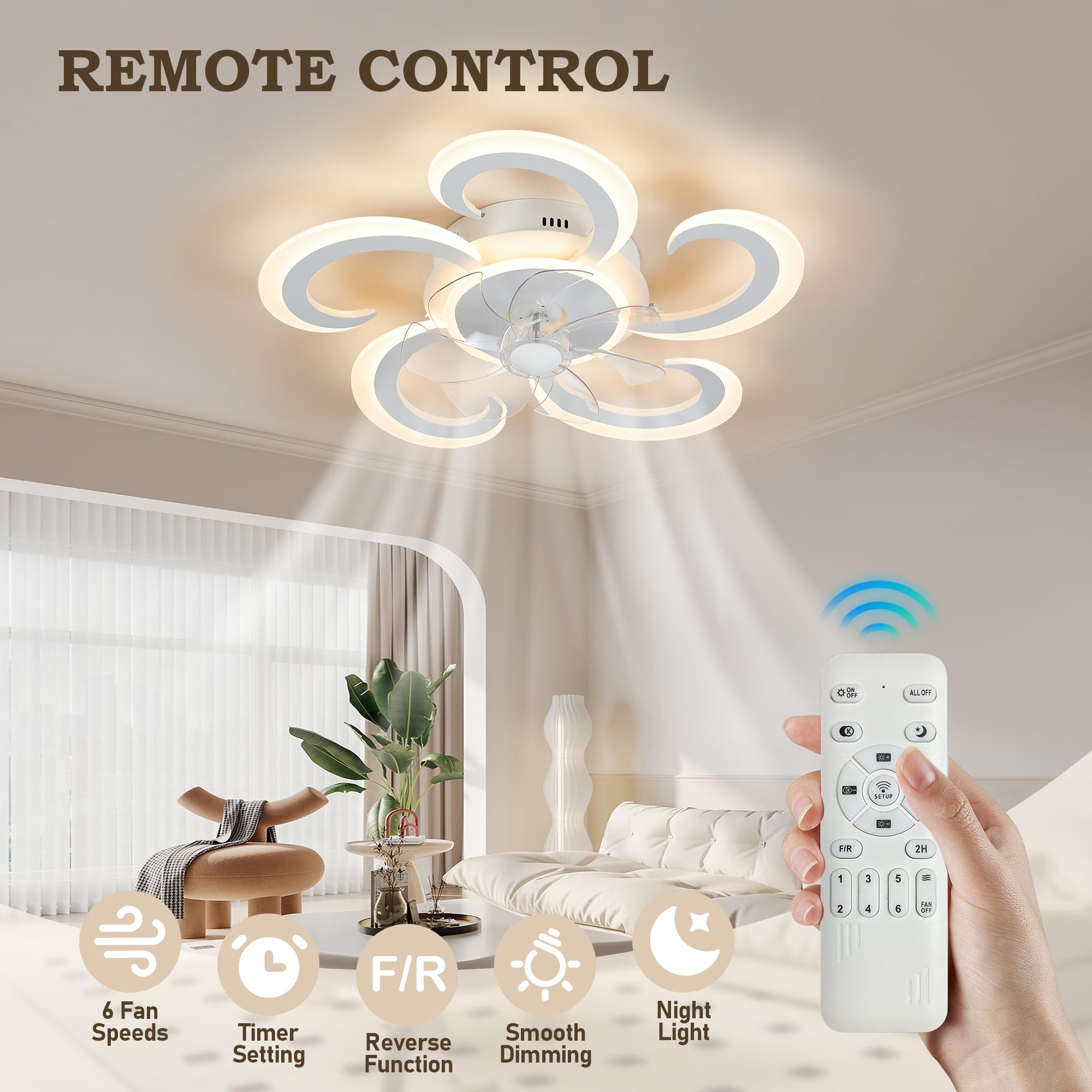 Ventilatori da Soffitto con Luce e Telecomando, Lampadario con Ventilatore da Soffitto, Lampadario LED Dimmerabile 3000K-6000K, 50W(37W+13W) 3600Lumens, Ventilatore a Soffitto con Luce, 62cm