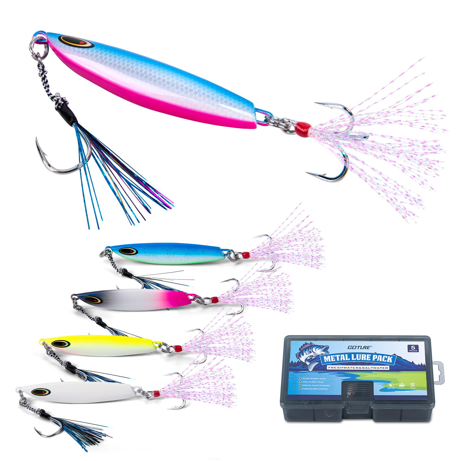 Goture Fishing Jigs, 30g 40g 50g 60g Vertical Jig Saltwater Freshwater, Jig Lures with Assist Hook and Treble Hook, 5PCS Jigging Spoon Lures with Tackle Box, Fishing Jigs for Tuna, Salmon, Bass