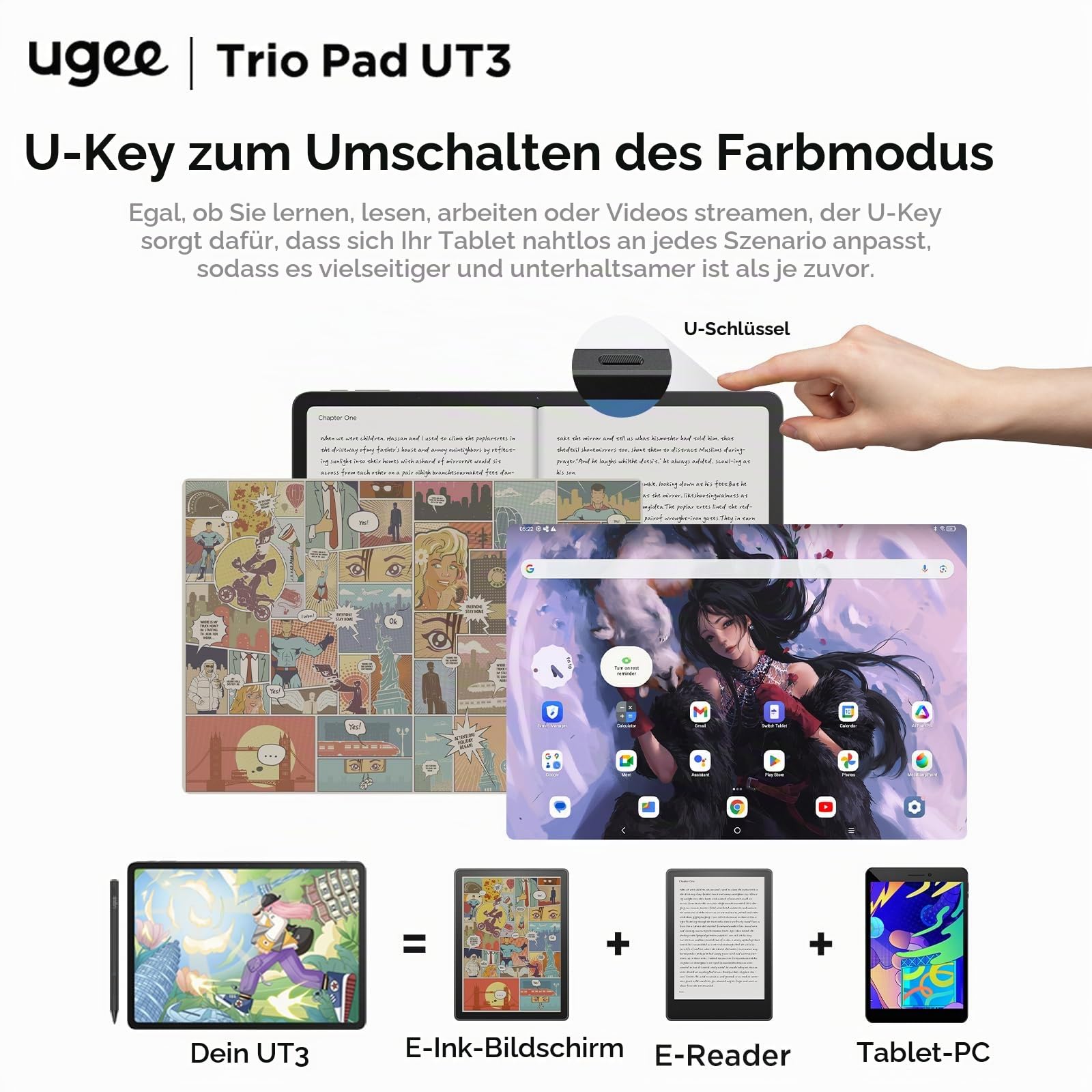 Ugee UT3 Android 14 Pad 8GB+256GB 14,25'' Standalone-Zeichentablett ohne Computer benötigt, 2,4K Ultra HD großer Bildschirm mit vollständig laminiertem Display, Zeichenständer mit 10000mAh+27W-Akku