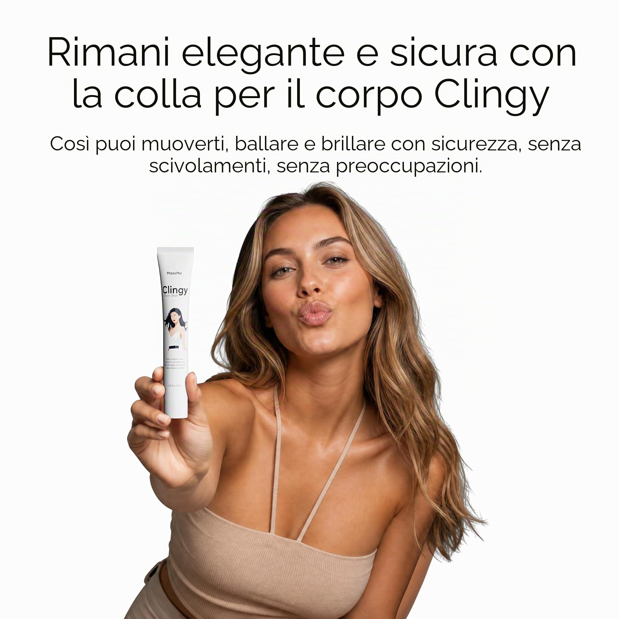 Masotta Clingy - Colla per il corpo, resistente al sudore e sicuro per la pelle, ideale per la moda e lo styling, fissante per abiti e capi senza spalline, roll-on da 20 ml